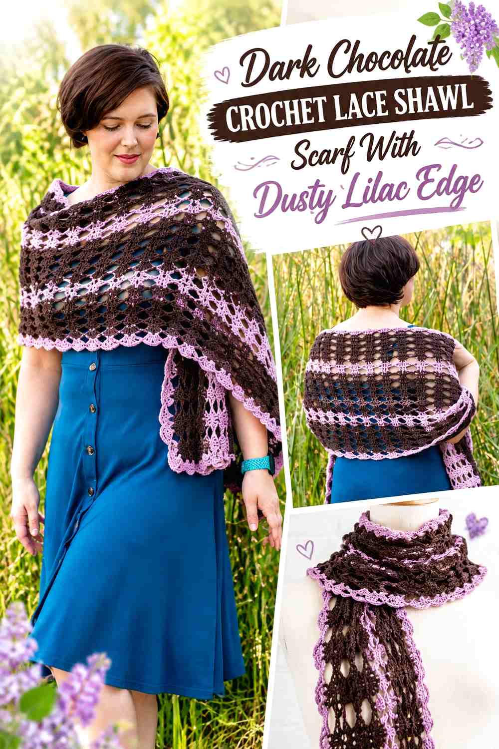 Dark Chocolate Crochet Lace Shawl Scarf With Dusty Lilac Edge