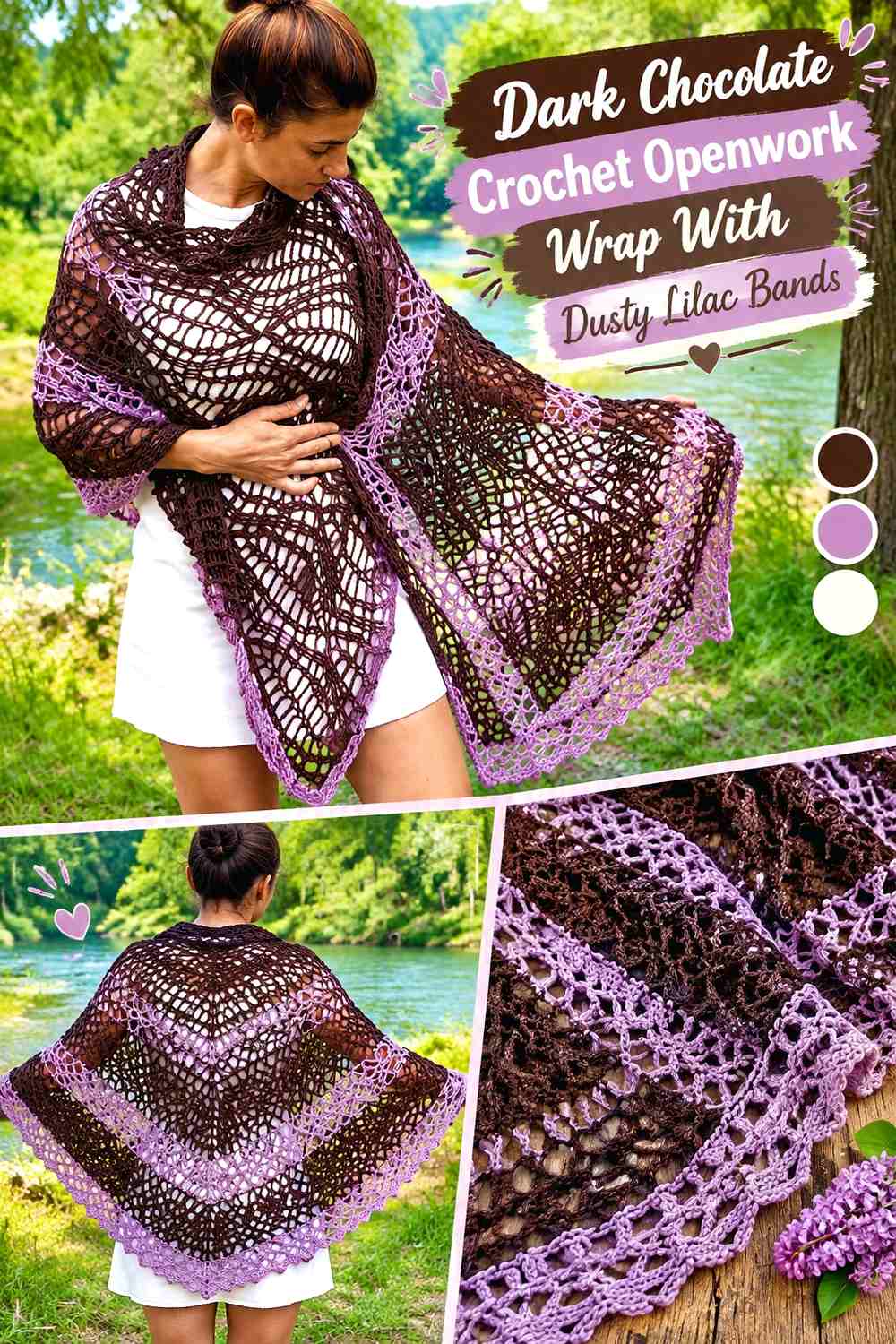Dark Chocolate Crochet Openwork Wrap With Dusty Lilac Bands
