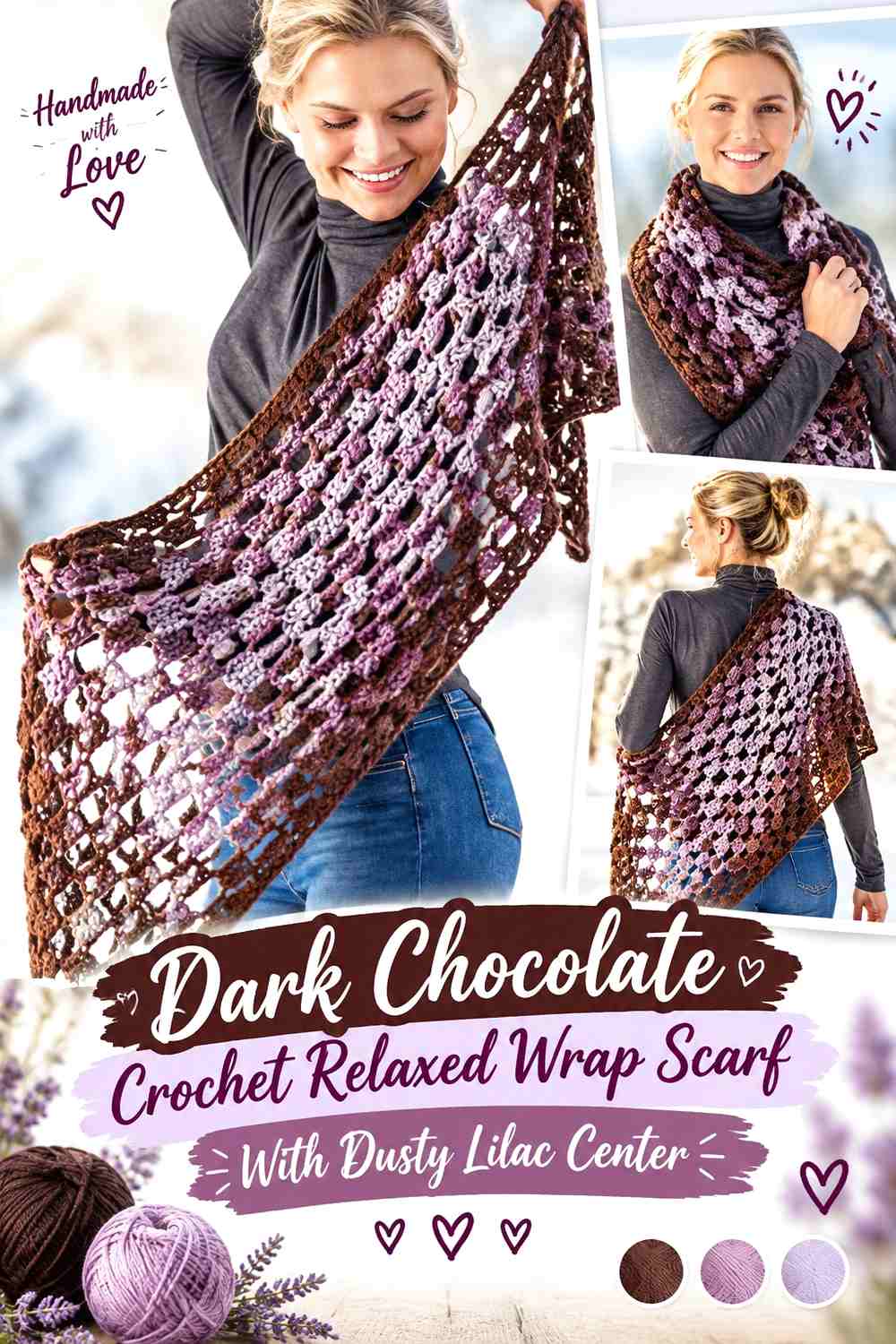 Dark Chocolate Crochet Relaxed Wrap Scarf With Dusty Lilac Center