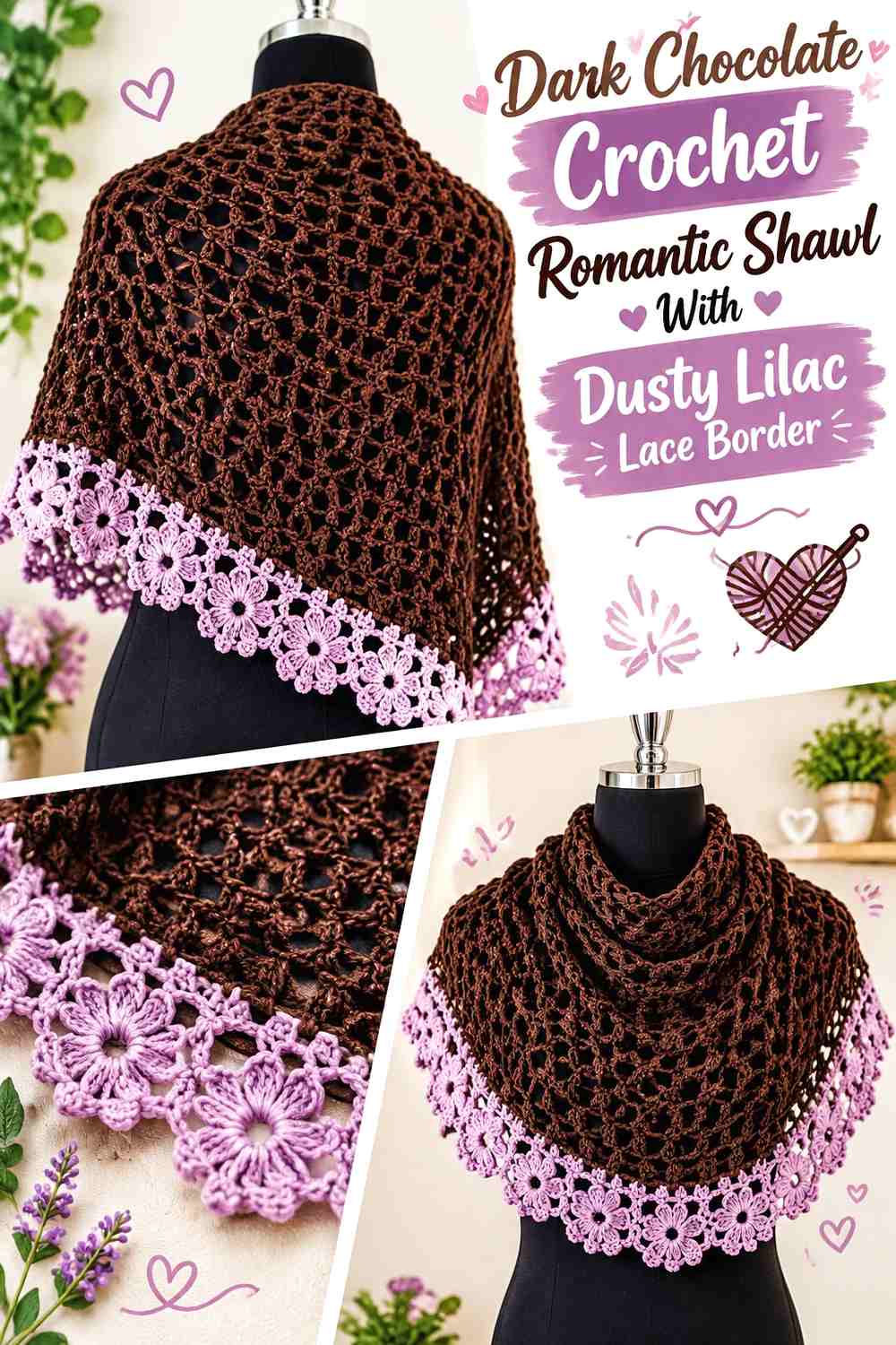 Dark Chocolate Crochet Romantic Shawl With Dusty Lilac Lace Border