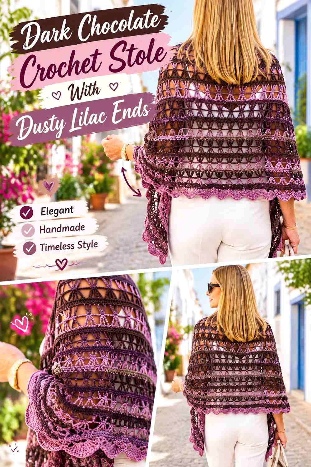 Dark Chocolate Crochet Stole With Dusty Lilac Ends