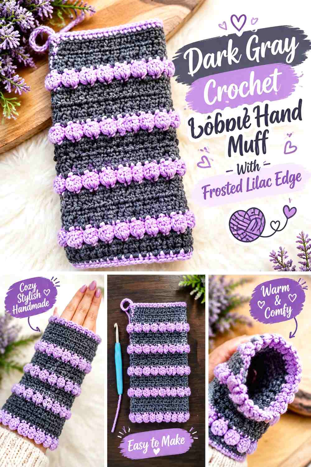 Dark Gray Crochet Bobble Hand Muff With Frosted Lilac Edge