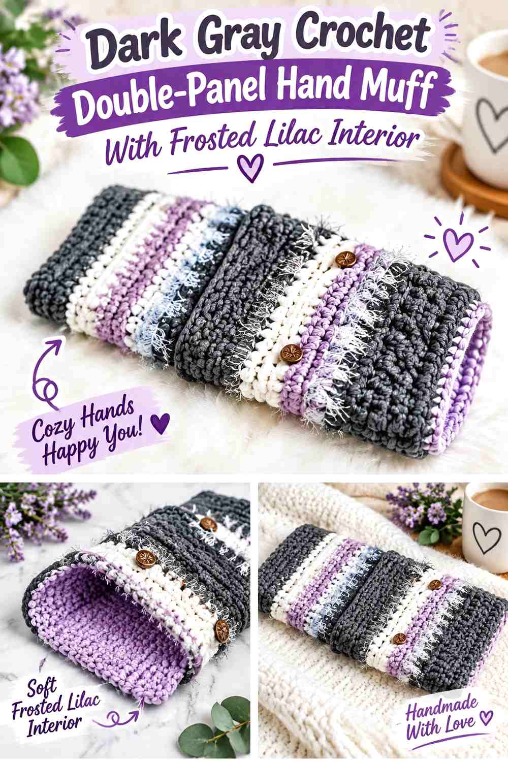 Dark Gray Crochet Double-Panel Hand Muff With Frosted Lilac Interior