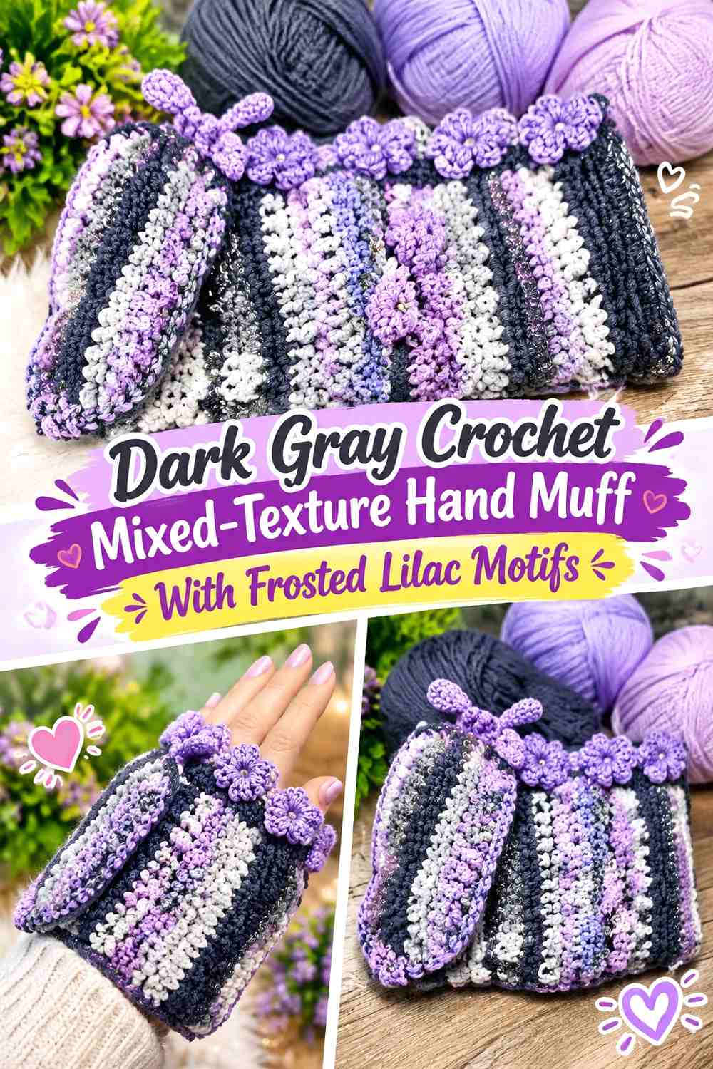 Dark Gray Crochet Mixed-Texture Hand Muff With Frosted Lilac Motifs