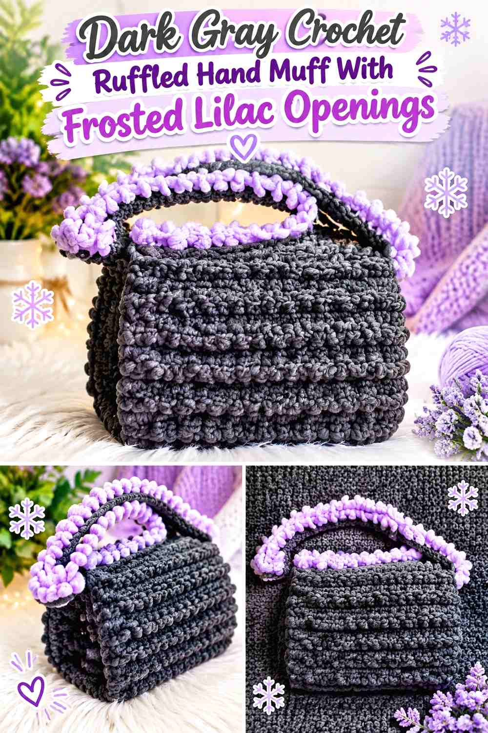 Dark Gray Crochet Ruffled Hand Muff With Frosted Lilac Openings