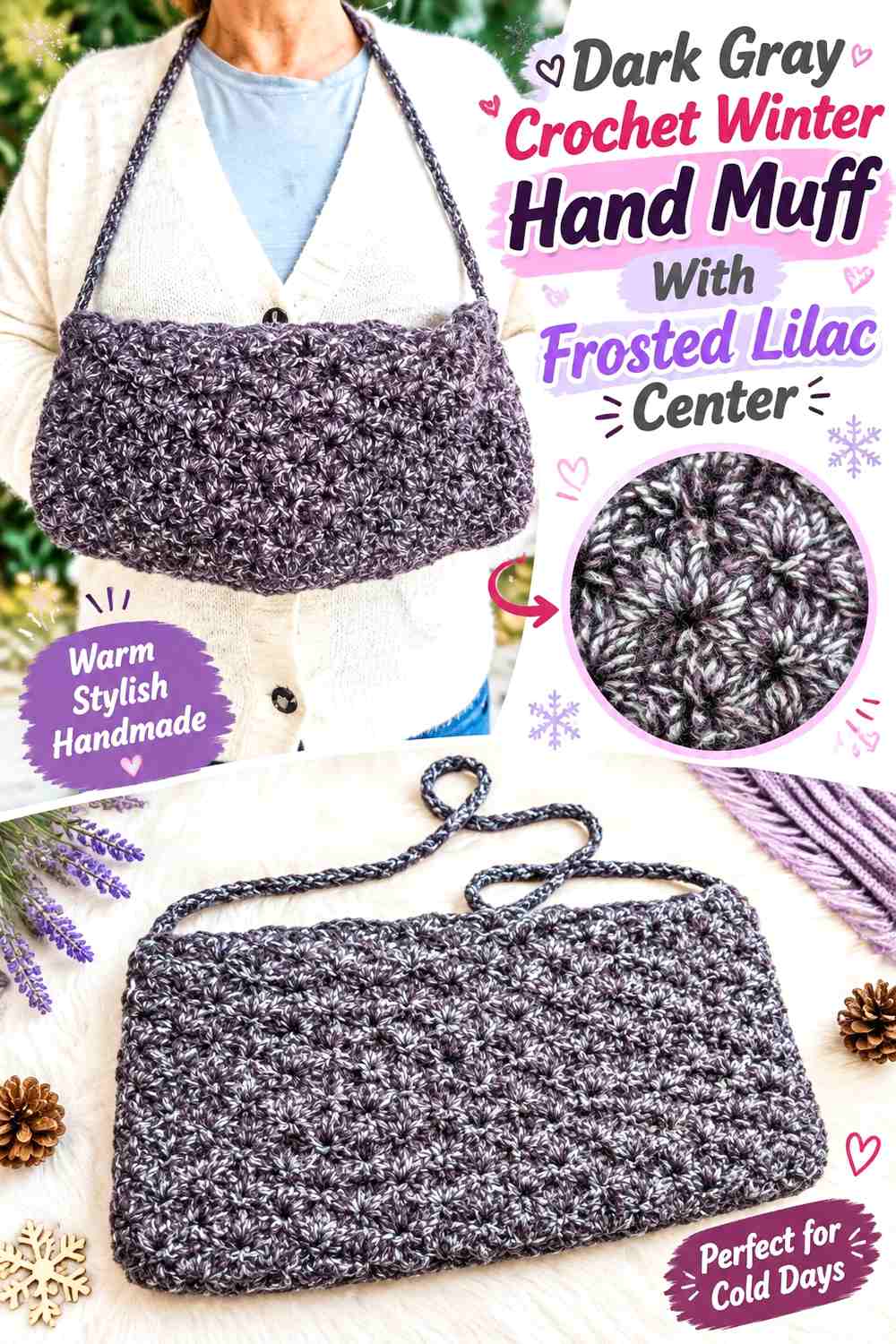 Dark Gray Crochet Winter Hand Muff With Frosted Lilac Center