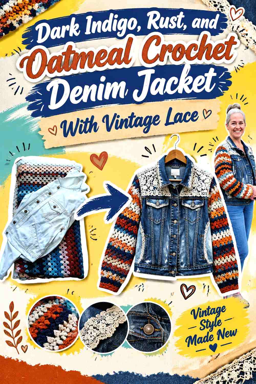 Dark Indigo, Rust, and Oatmeal Crochet Denim Jacket With Vintage Lace