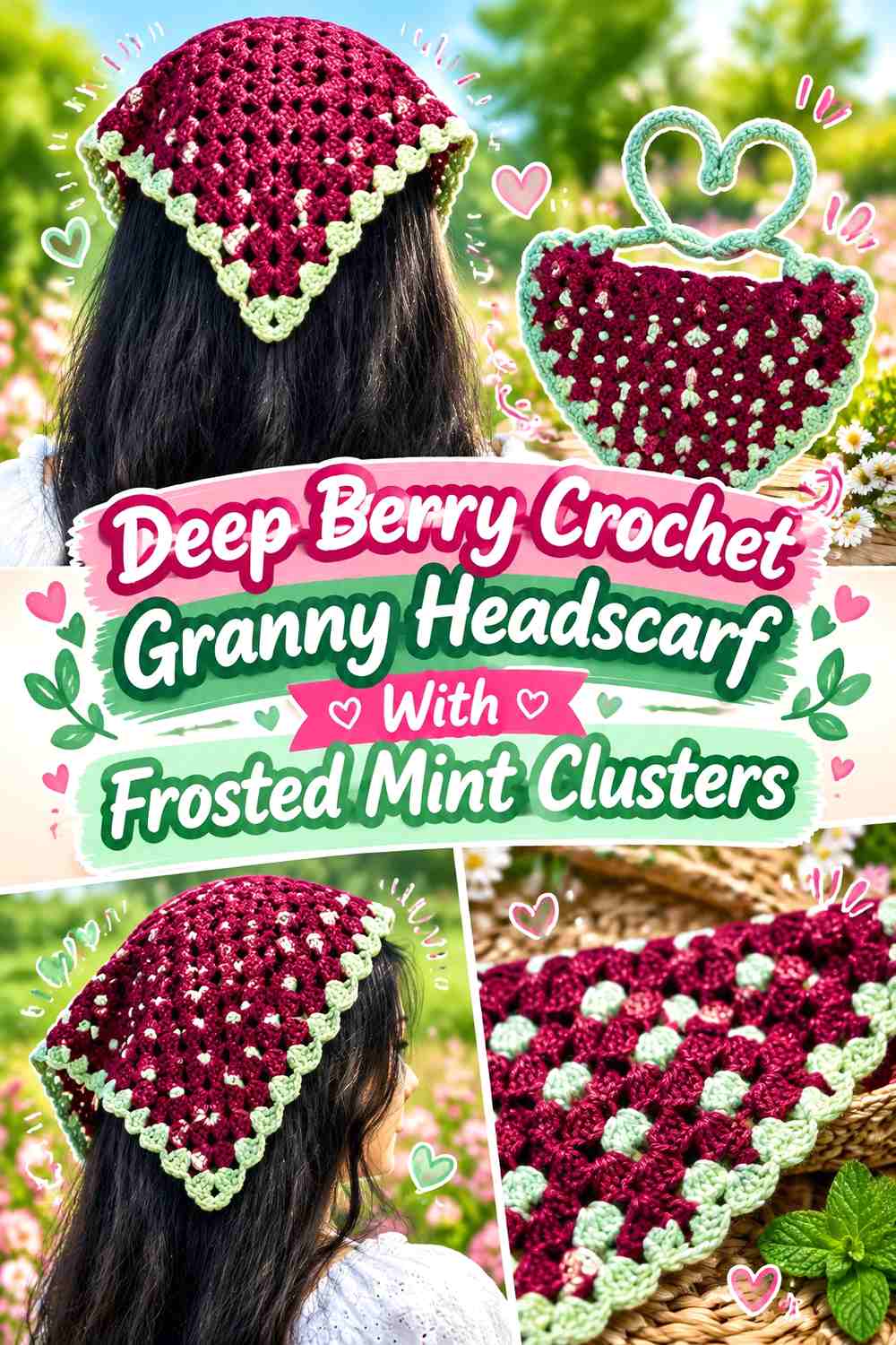 Deep Berry Crochet Granny Headscarf With Frosted Mint Clusters