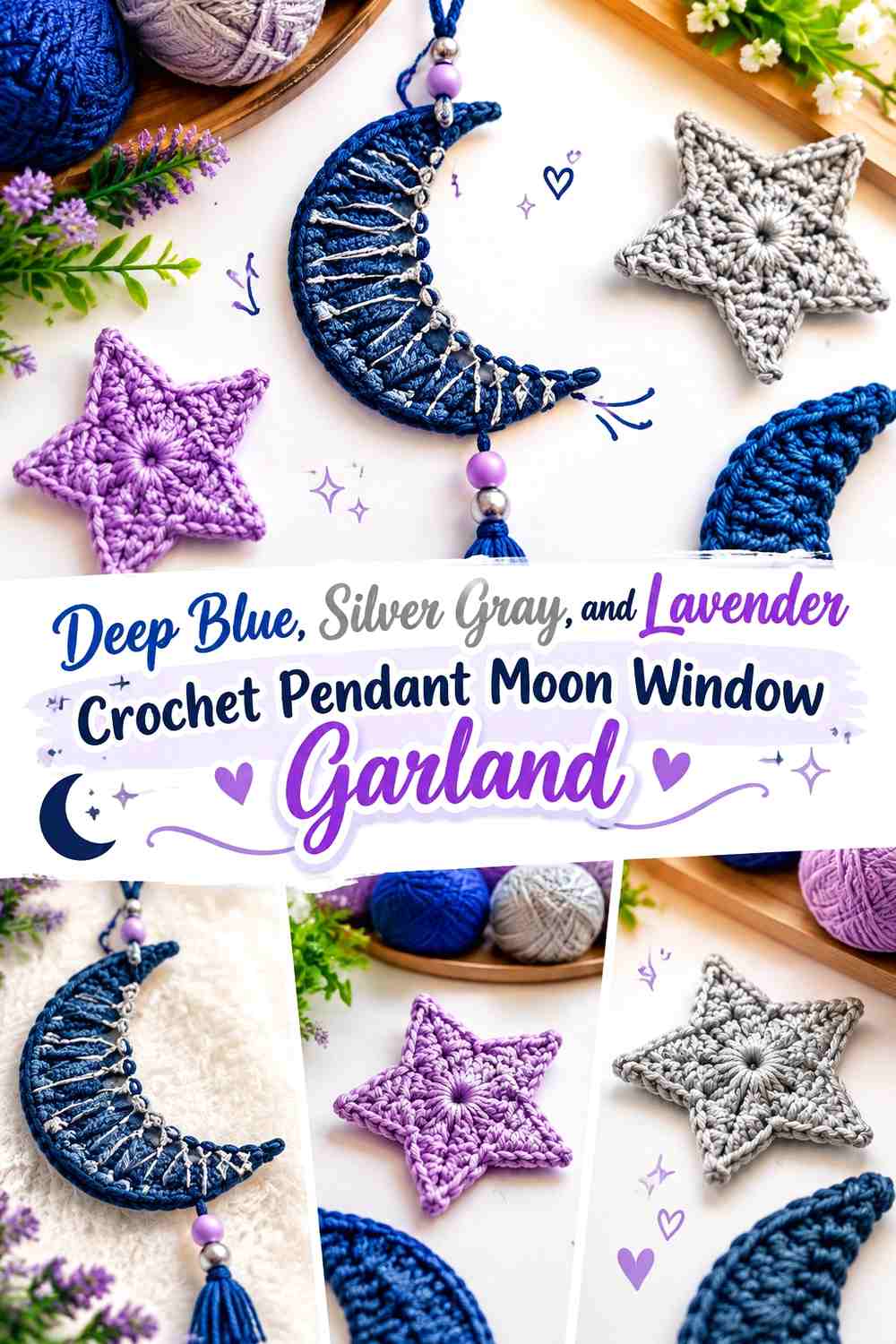 Deep Blue, Silver Gray, and Lavender Crochet Pendant Moon Window Garland