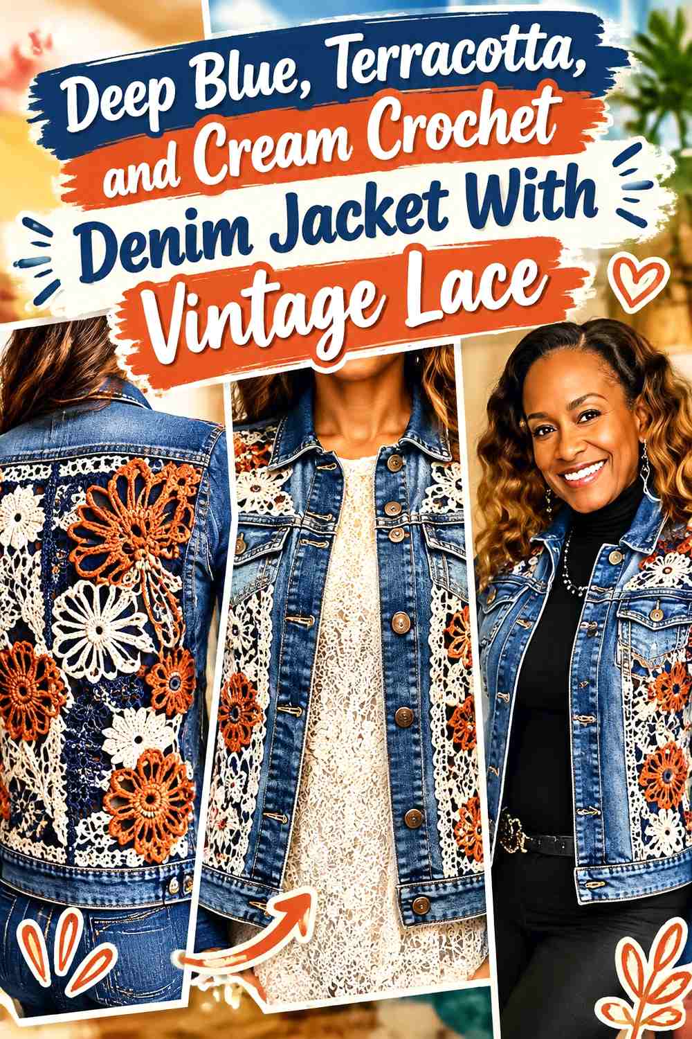 Deep Blue, Terracotta, and Cream Crochet Denim Jacket With Vintage Lace