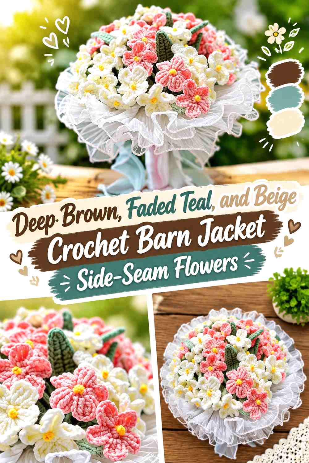 Deep Brown, Faded Teal, and Beige Crochet Barn Jacket Side-Seam Flowers
