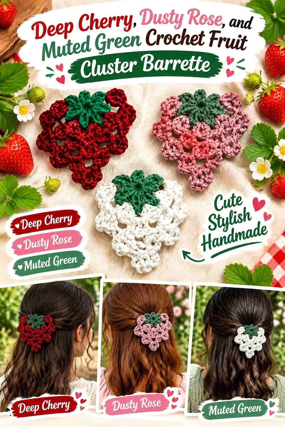 Deep Cherry, Dusty Rose, and Muted Green Crochet Fruit Cluster Barrette
