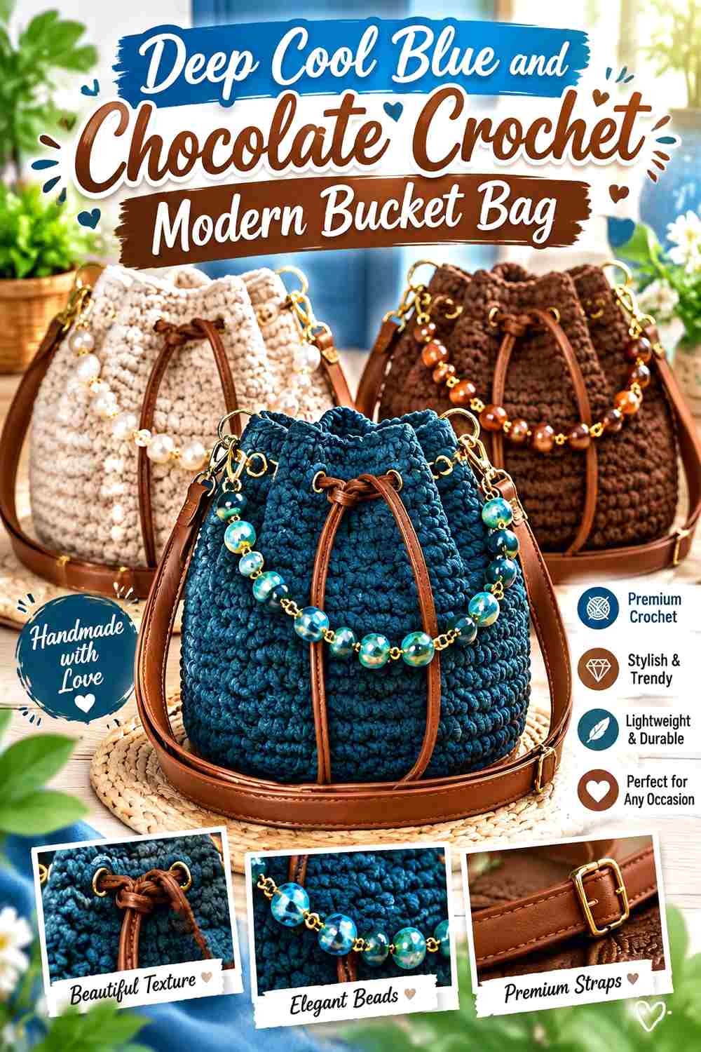 13. Deep Cool Blue And Chocolate Crochet Modern Bucket Bag