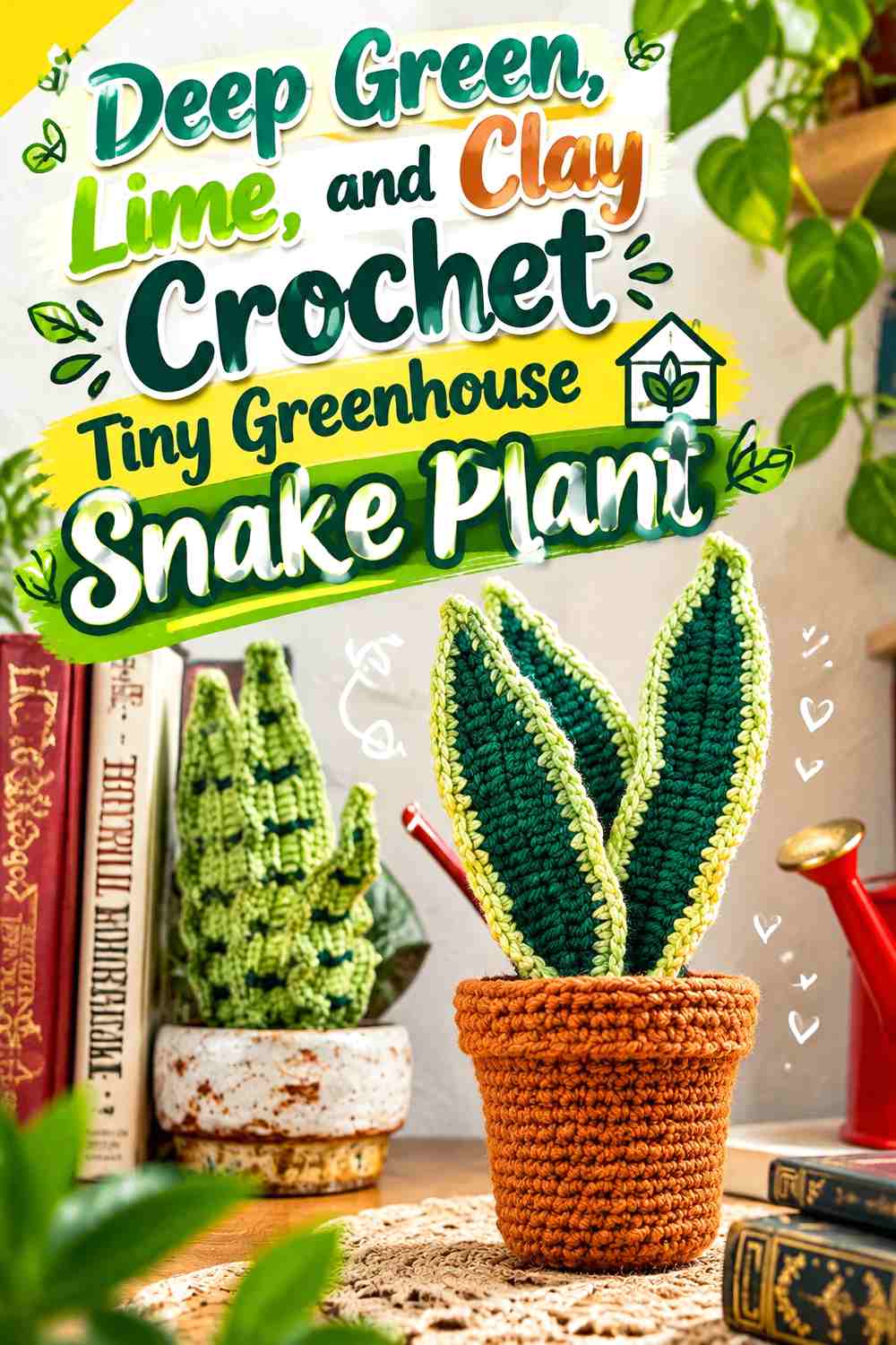Deep Green, Lime, and Clay Crochet Tiny Greenhouse Snake Plant