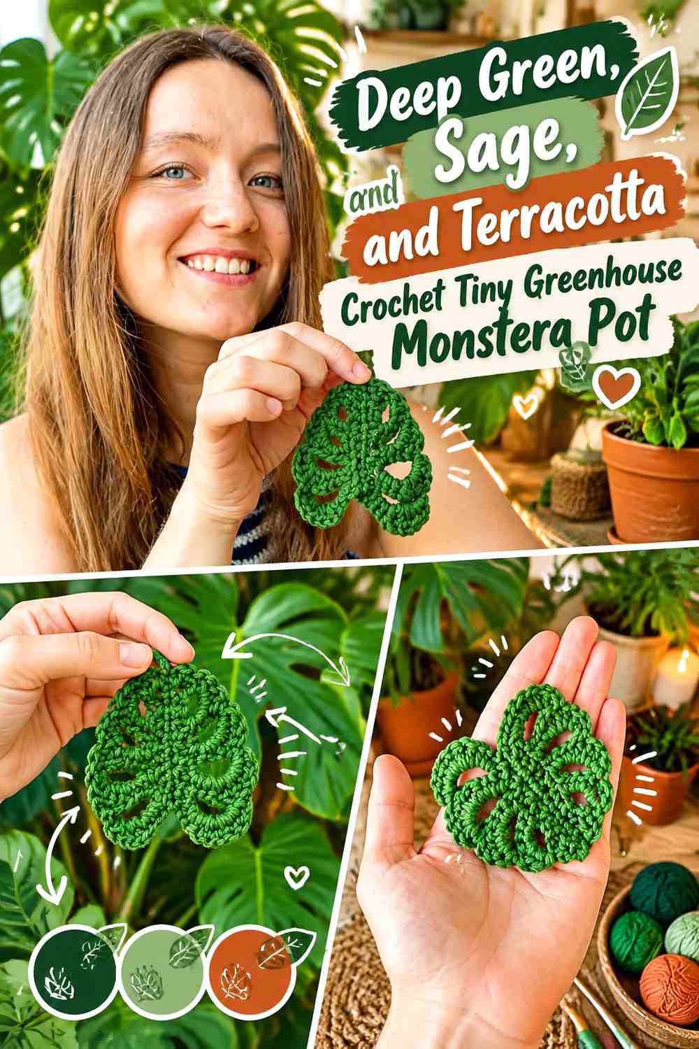 Deep Green, Sage, and Terracotta Crochet Tiny Greenhouse Monstera Pot