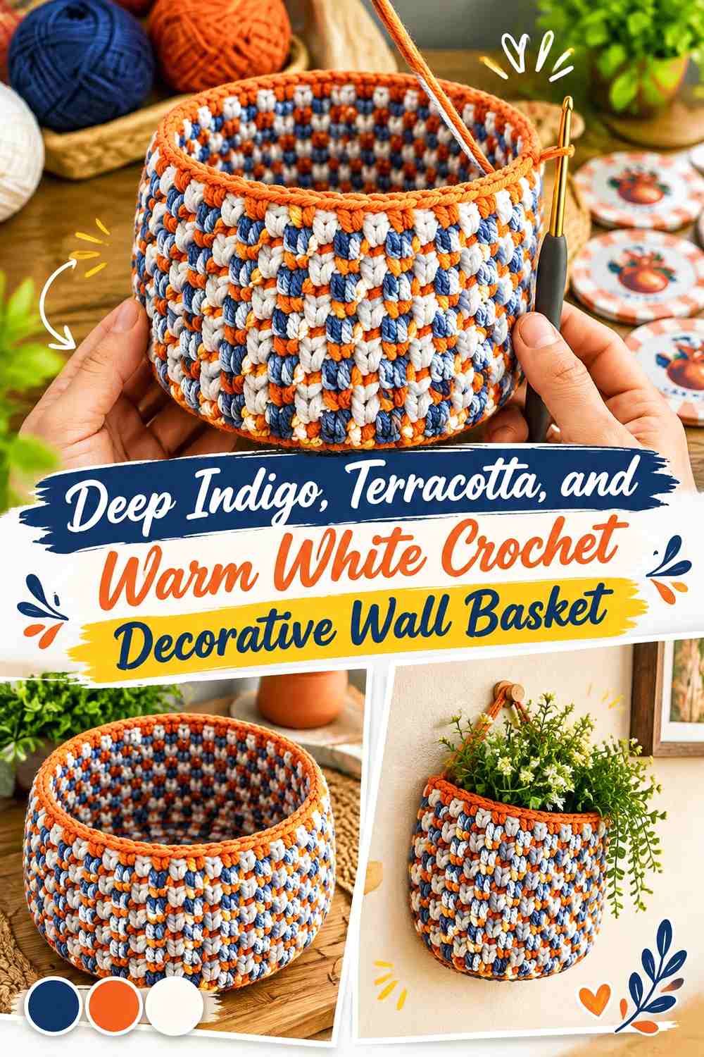 Deep Indigo, Terracotta, and Warm White Crochet Decorative Wall Basket