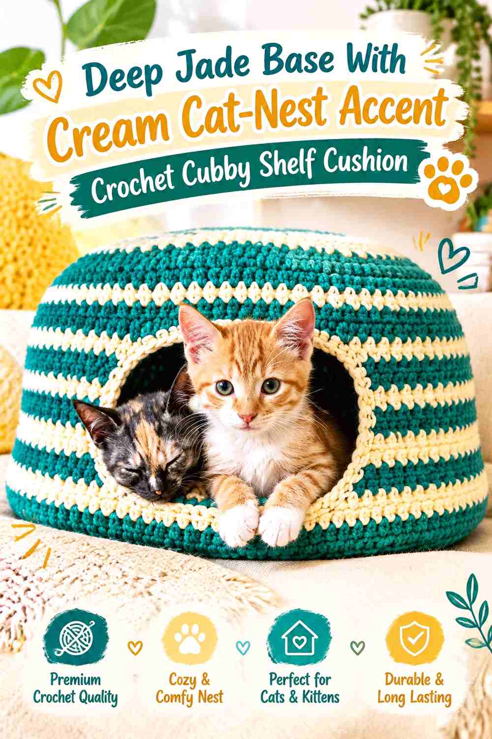 Deep Jade Base With Cream Cat-Nest Accent Crochet Cubby Shelf Cushion