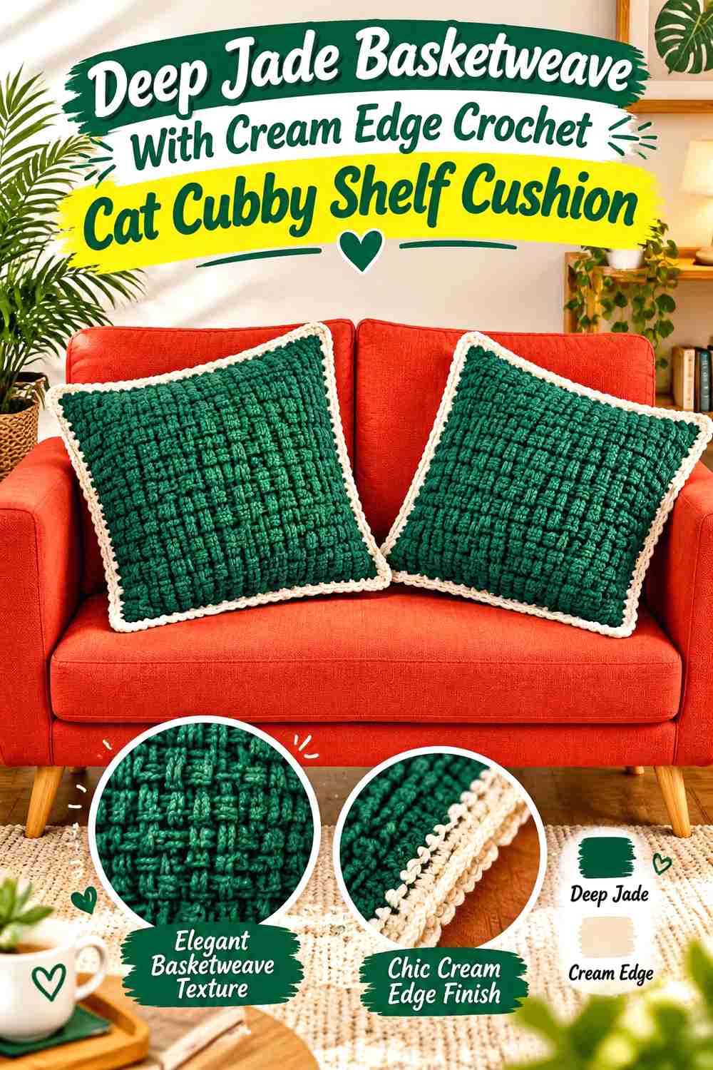 Deep Jade Basketweave With Cream Edge Crochet Cat Cubby Shelf Cushion