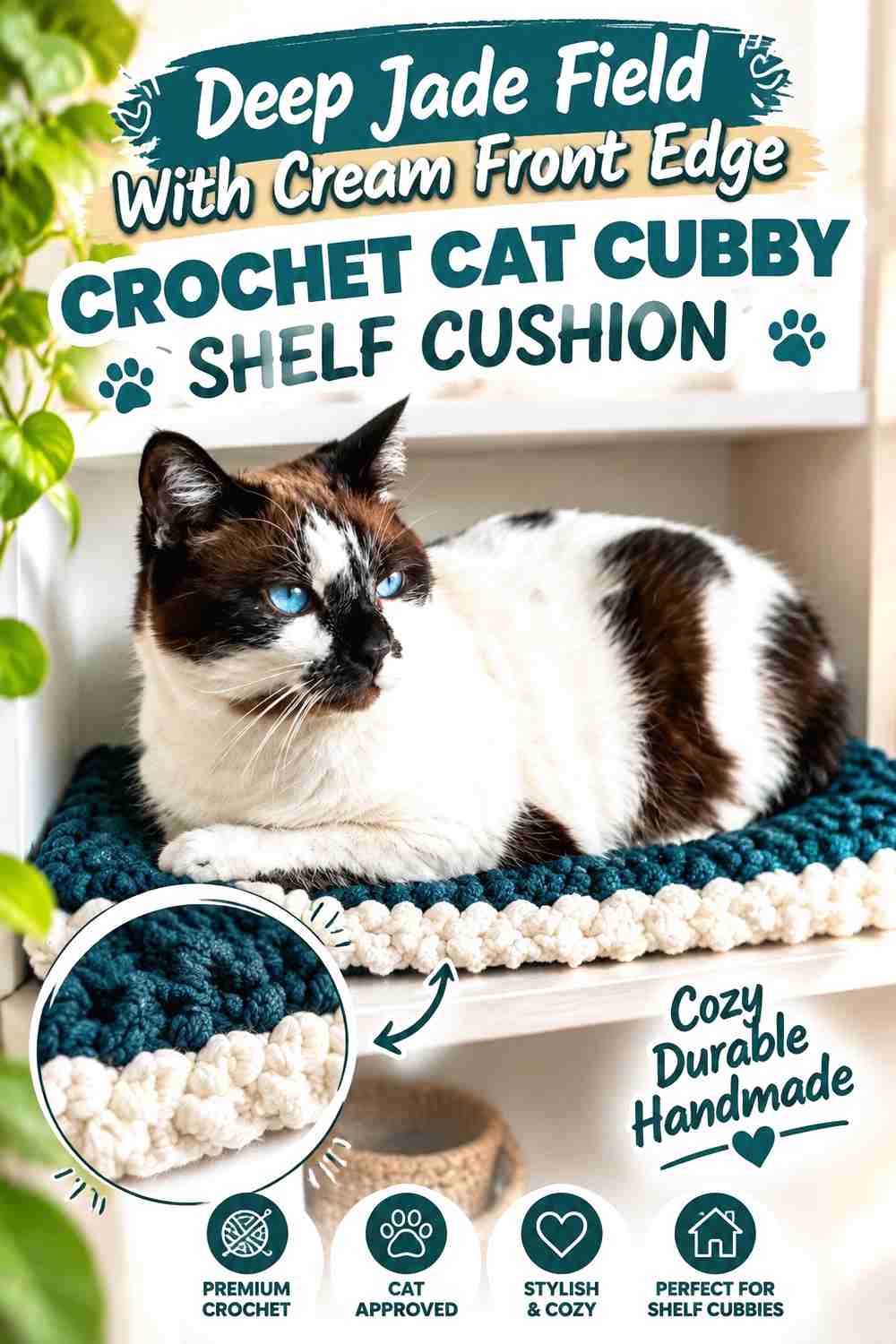 Deep Jade Field With Cream Front Edge Crochet Cat Cubby Shelf Cushion