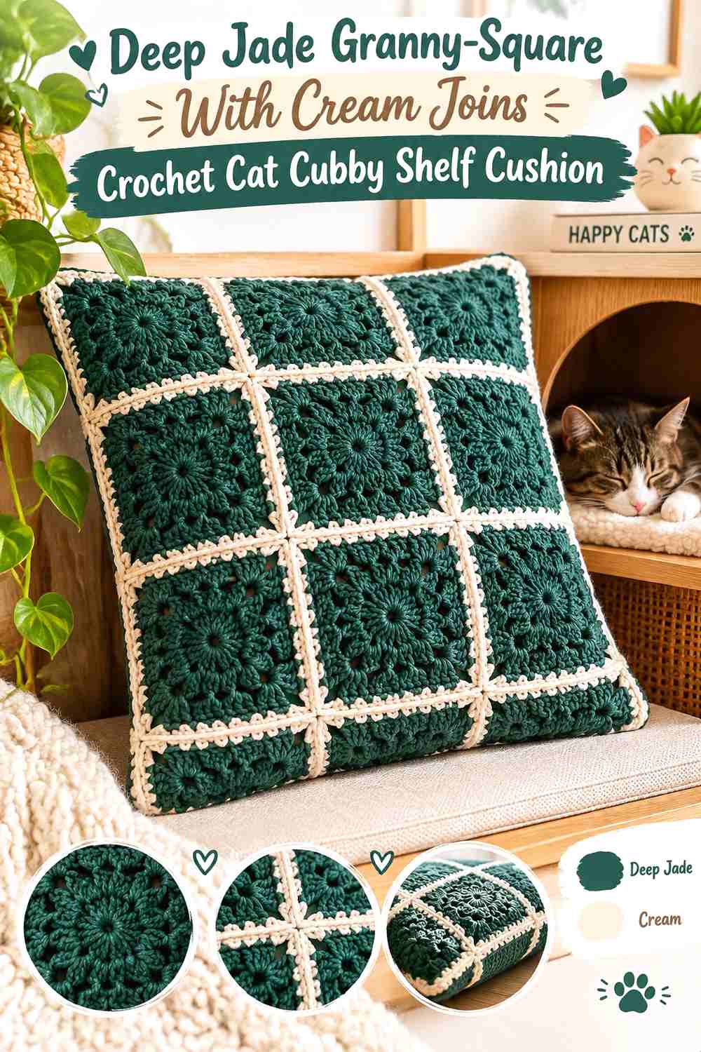 Deep Jade Granny-Square With Cream Joins Crochet Cat Cubby Shelf Cushion