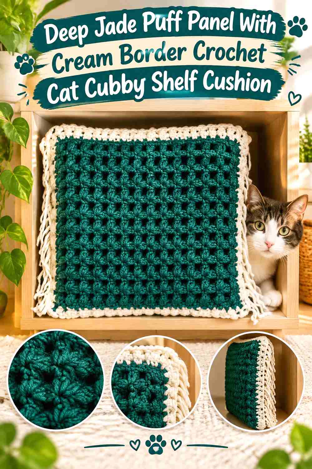 Deep Jade Puff Panel With Cream Border Crochet Cat Cubby Shelf Cushion