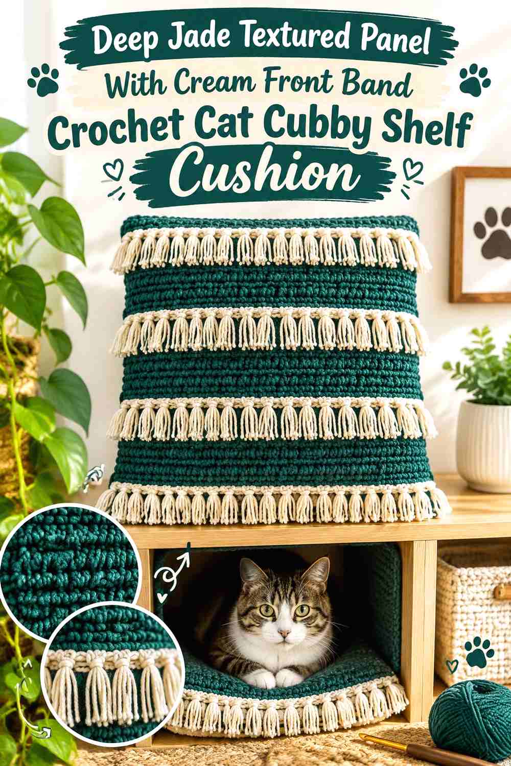 Deep Jade Textured Panel With Cream Front Band Crochet Cat Cubby Shelf Cushion