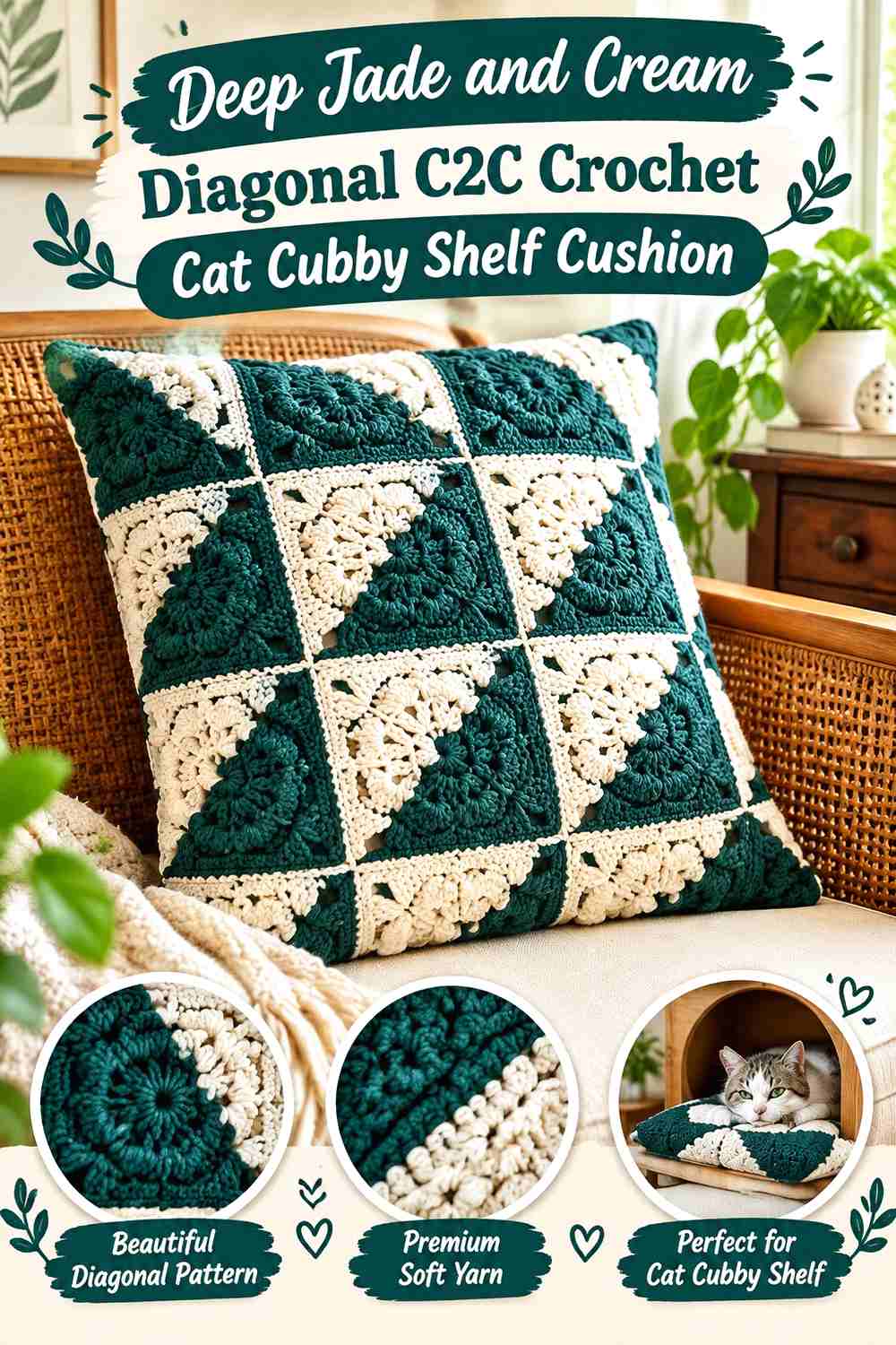 Deep Jade and Cream Diagonal C2C Crochet Cat Cubby Shelf Cushion