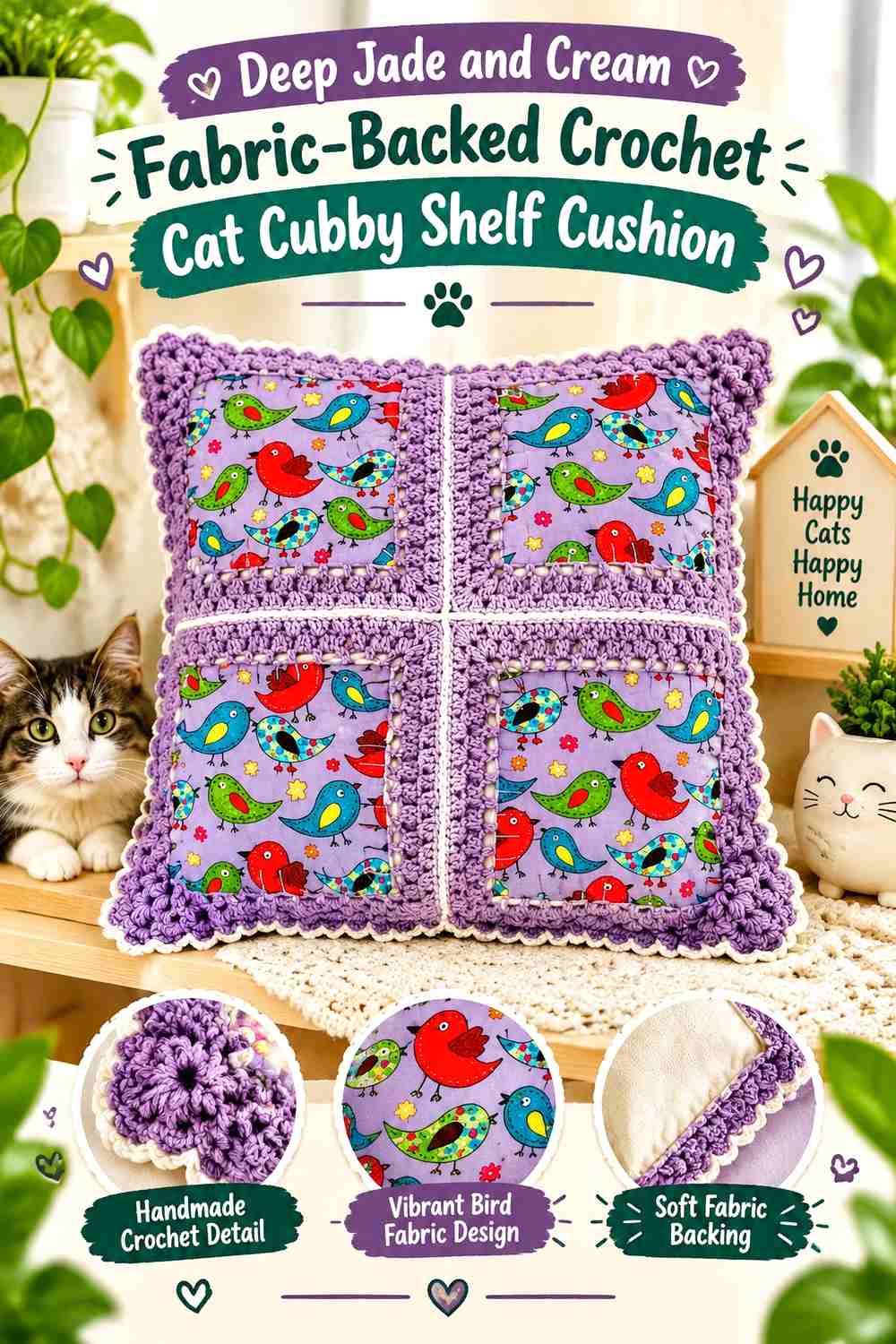 Deep Jade and Cream Fabric-Backed Crochet Cat Cubby Shelf Cushion
