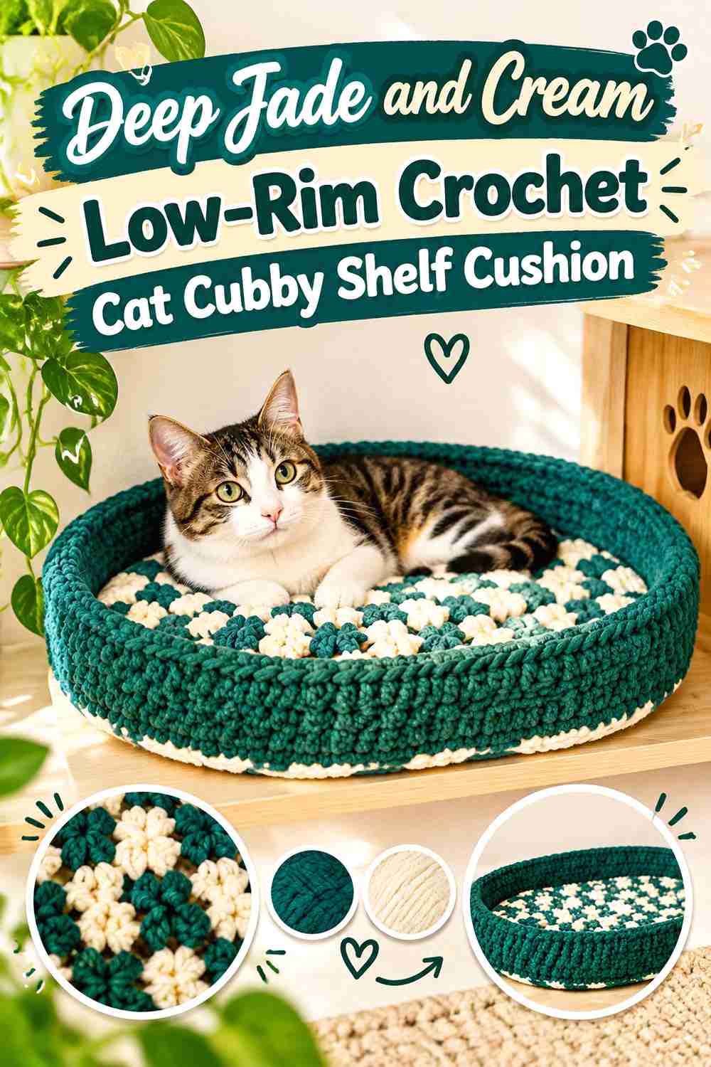 Deep Jade and Cream Low-Rim Crochet Cat Cubby Shelf Cushion