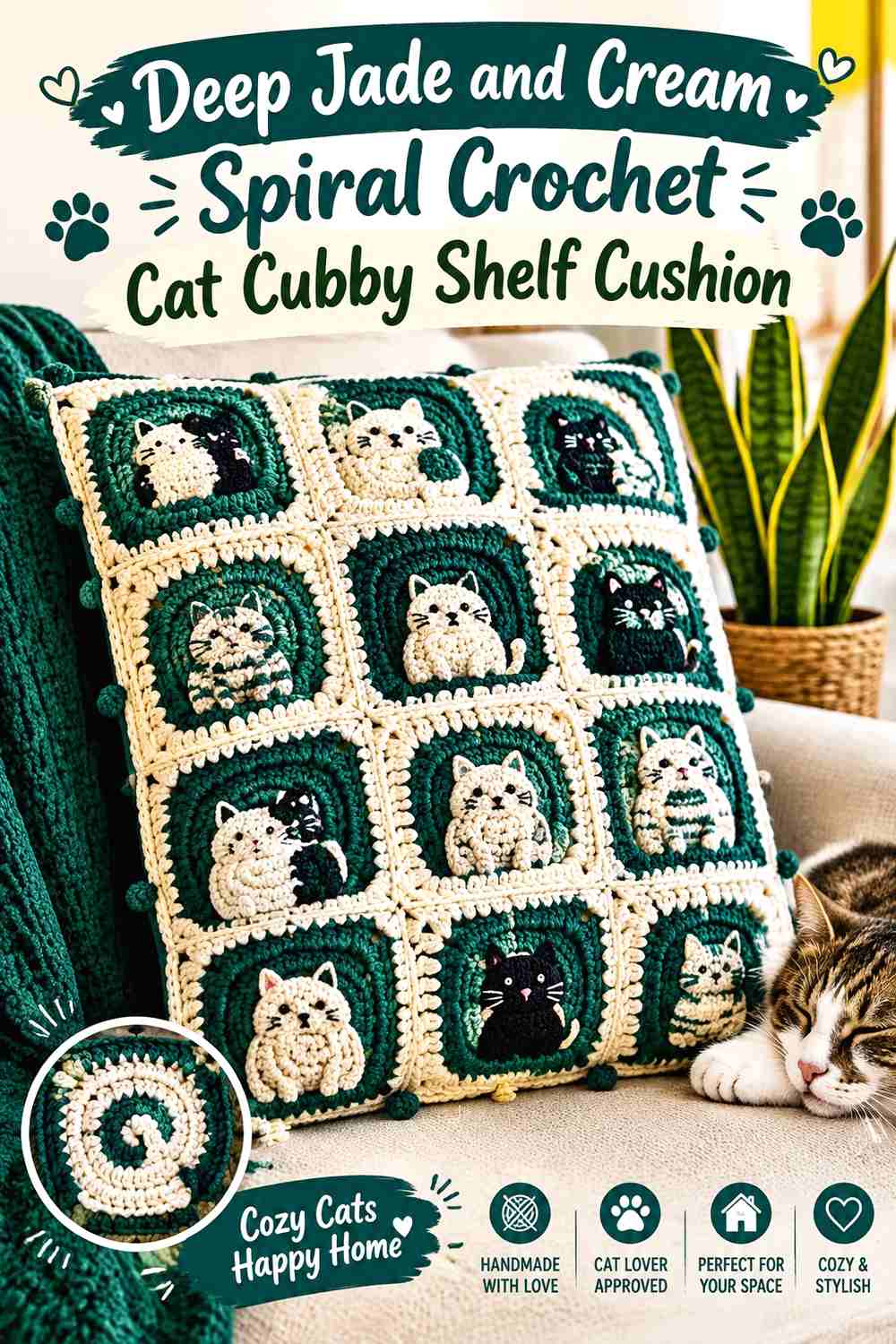 Deep Jade and Cream Spiral Crochet Cat Cubby Shelf Cushion