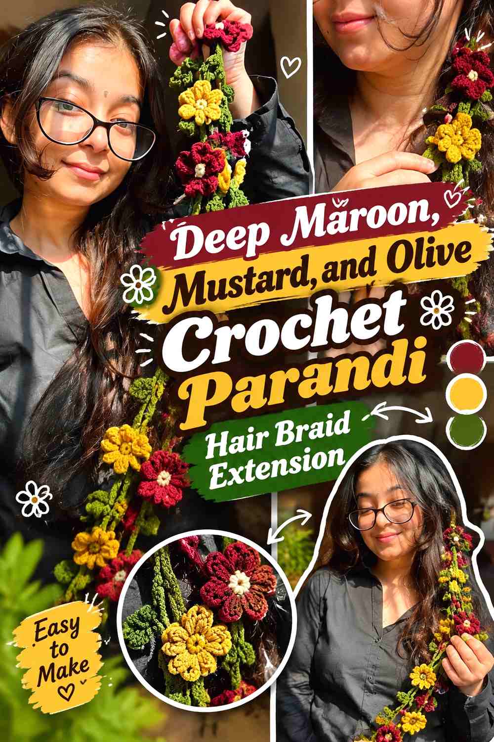 Deep Maroon, Mustard, and Olive Crochet Parandi Hair Braid Extension