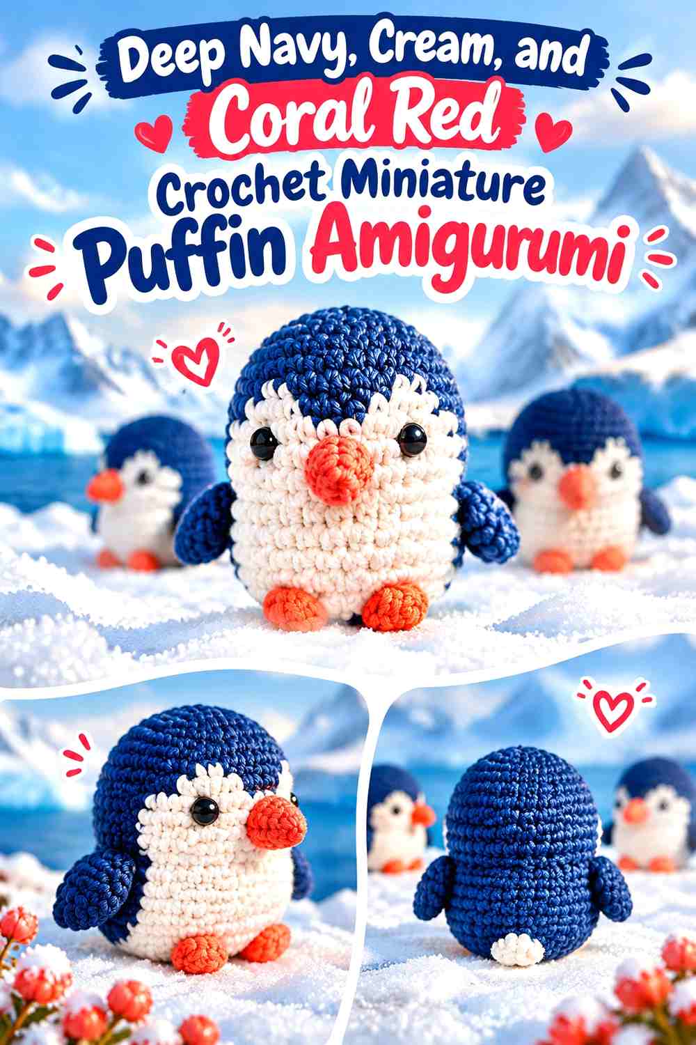 Deep Navy, Cream, and Coral Red Crochet Miniature Puffin Amigurumi