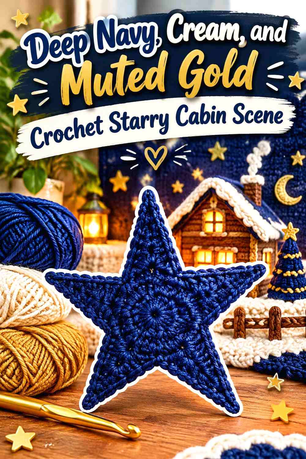 Deep Navy, Cream, and Muted Gold Crochet Starry Cabin Scene