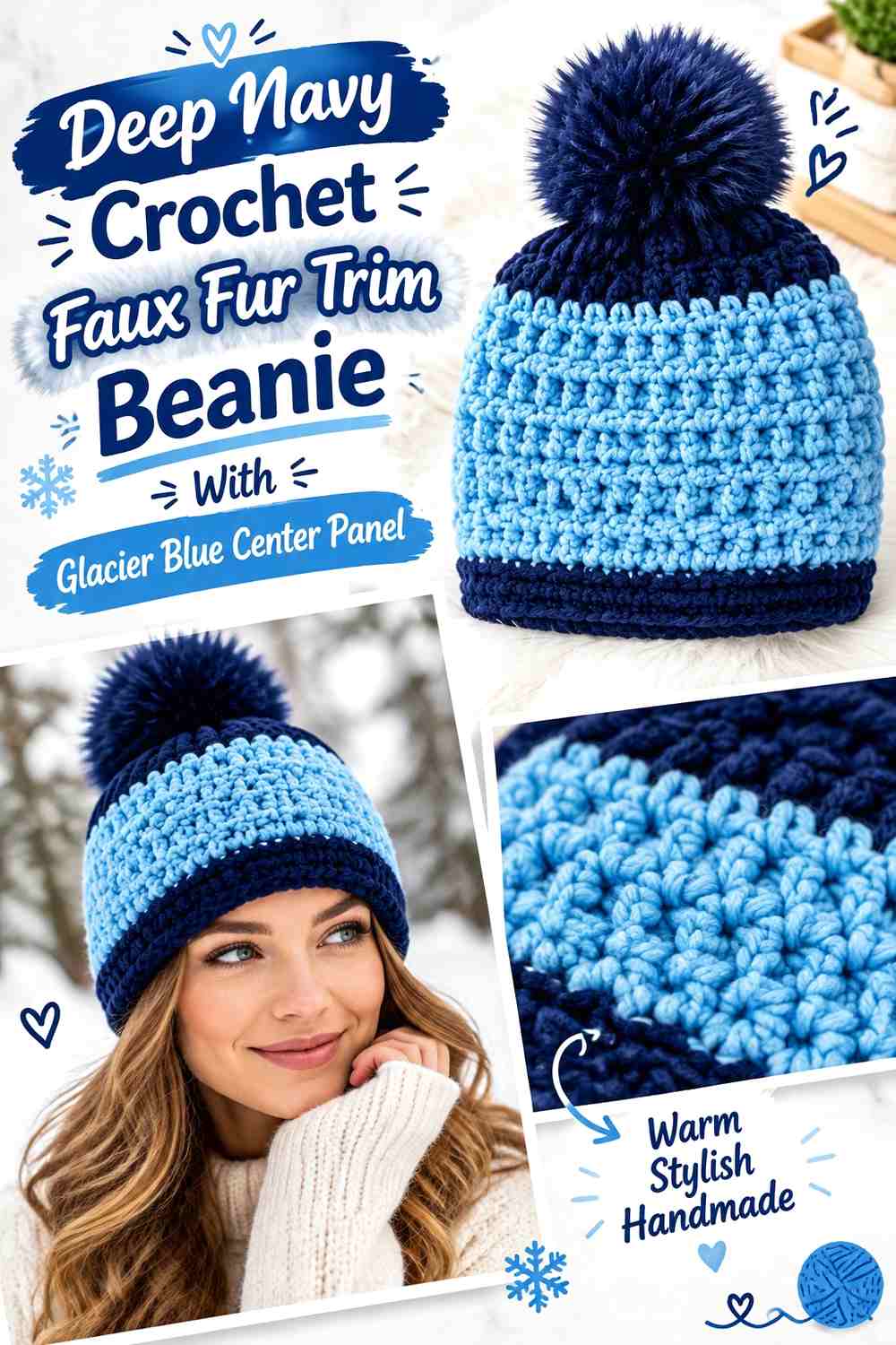 Deep Navy Crochet Faux Fur Trim Beanie With Glacier Blue Center Panel