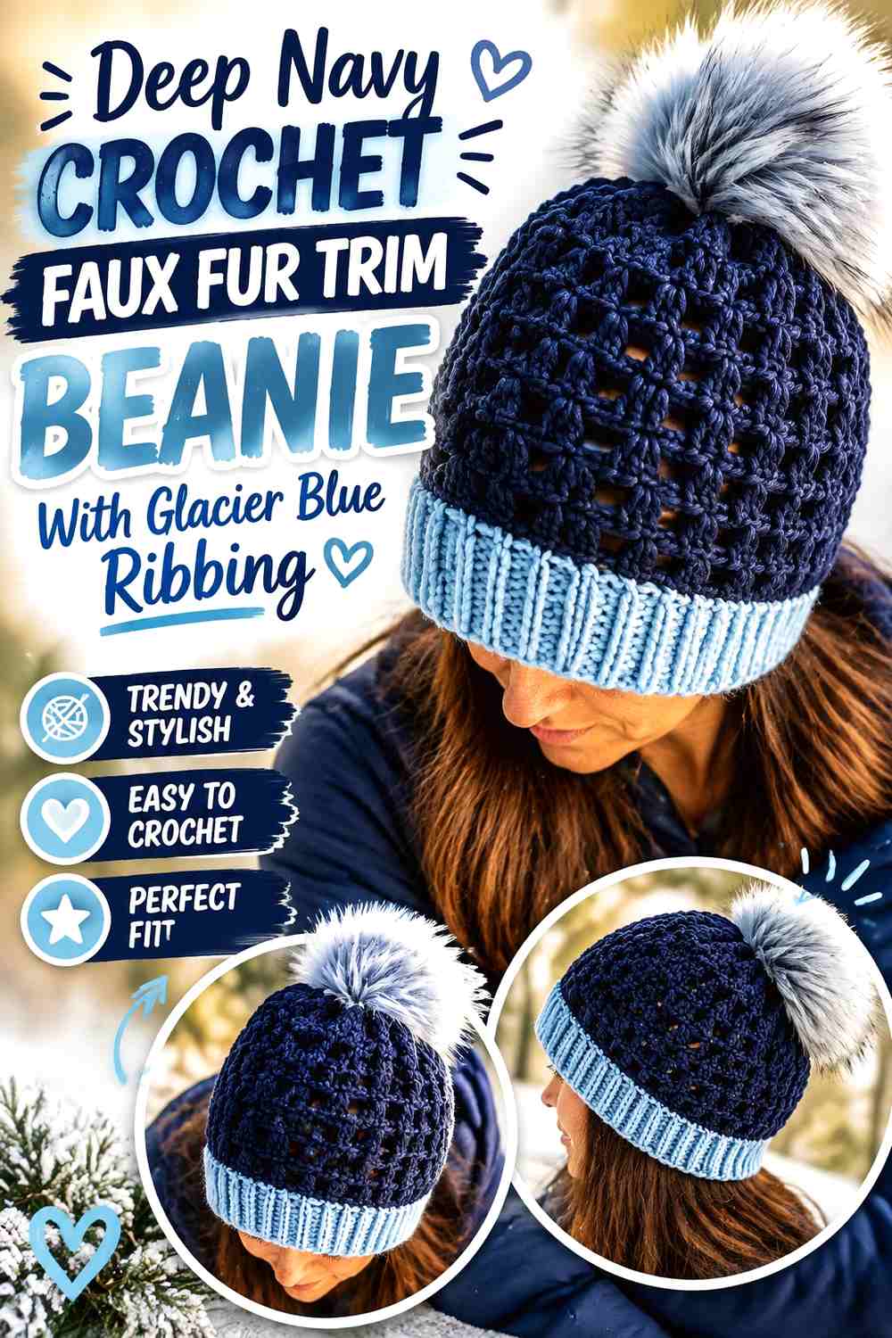 Deep Navy Crochet Faux Fur Trim Beanie With Glacier Blue Ribbing