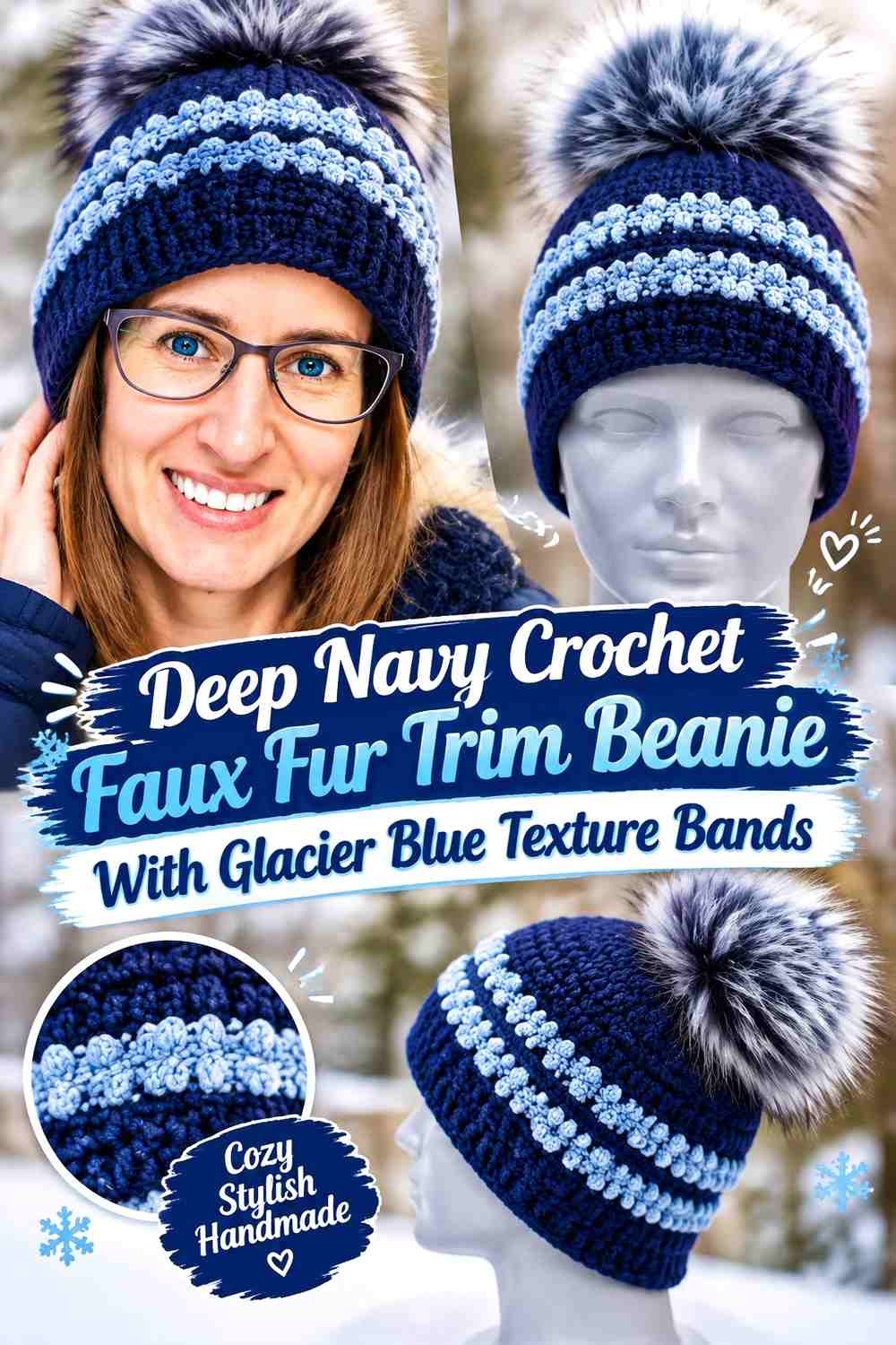 Deep Navy Crochet Faux Fur Trim Beanie With Glacier Blue Texture Bands