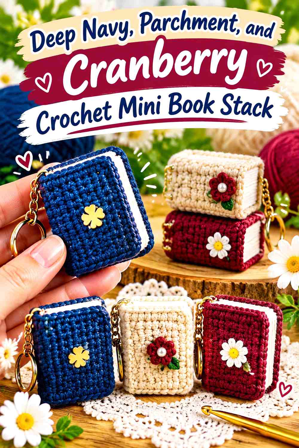 Deep Navy, Parchment, and Cranberry Crochet Mini Book Stack
