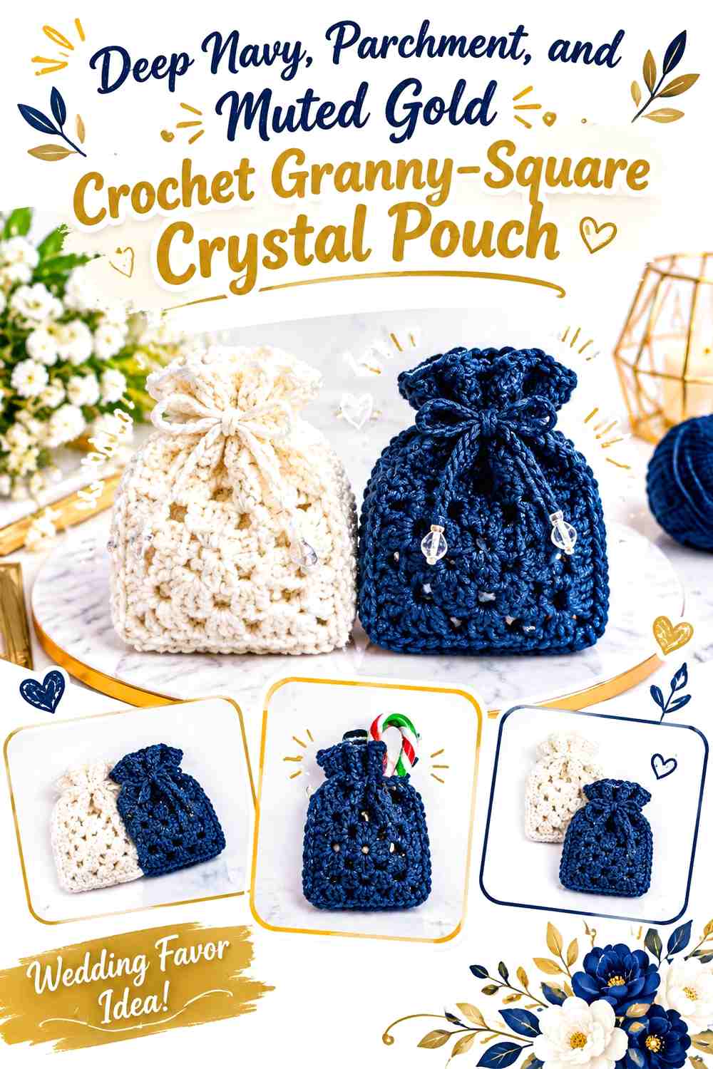 Deep Navy, Parchment, and Muted Gold Crochet Granny-Square Crystal Pouch