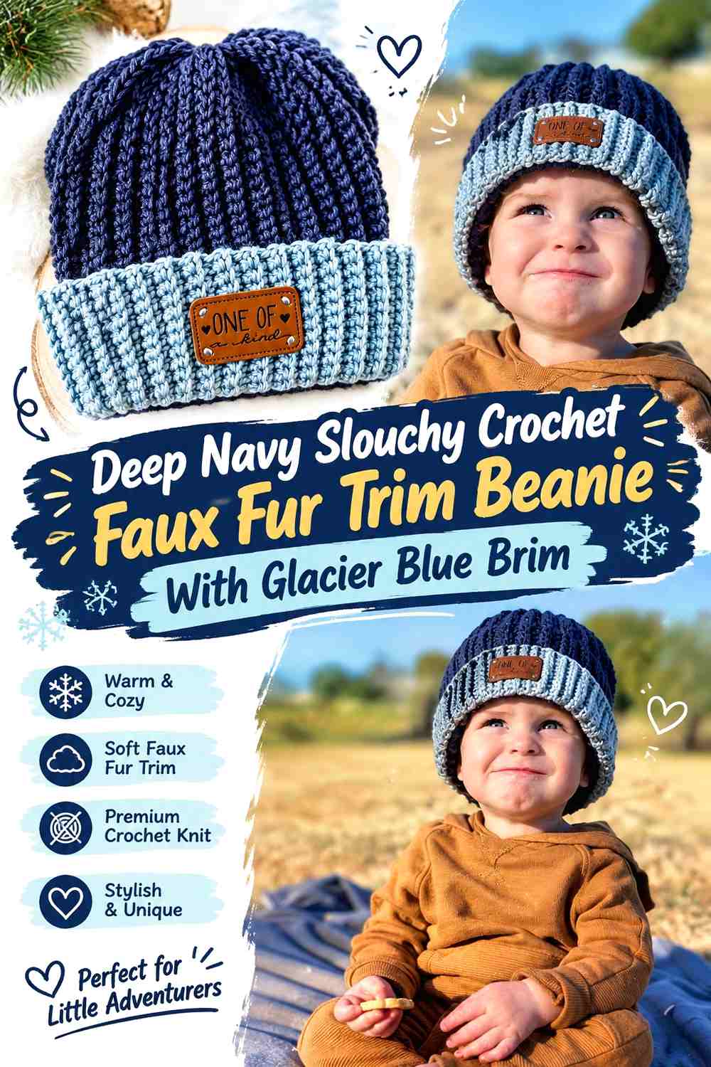 Deep Navy Slouchy Crochet Faux Fur Trim Beanie With Glacier Blue Brim