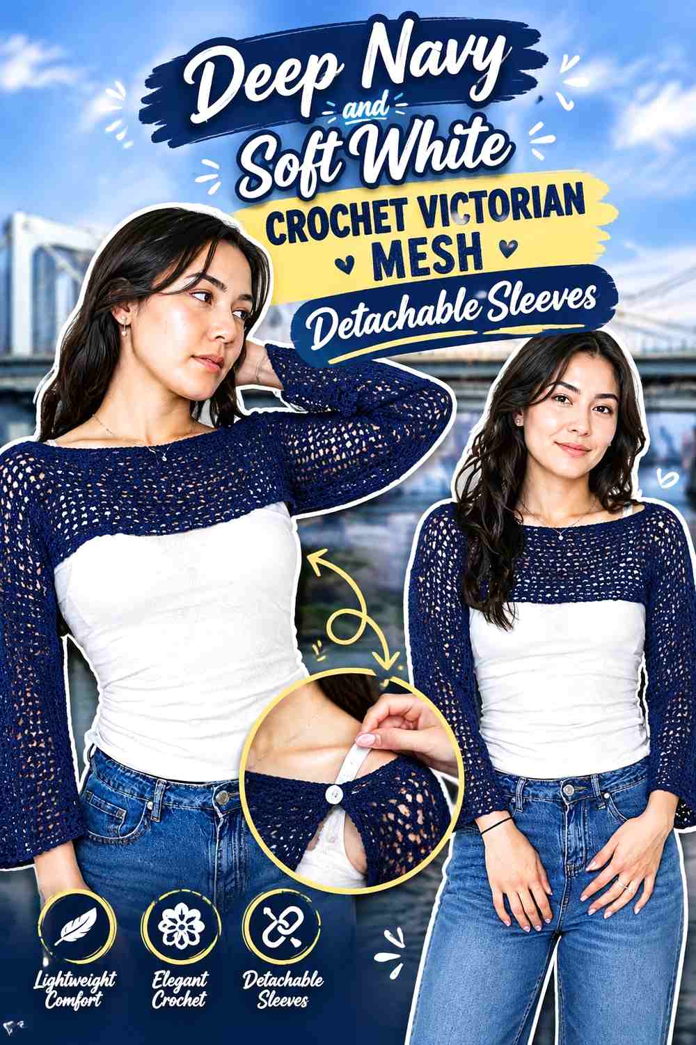 Deep Navy and Soft White Crochet Victorian Mesh Detachable Sleeves