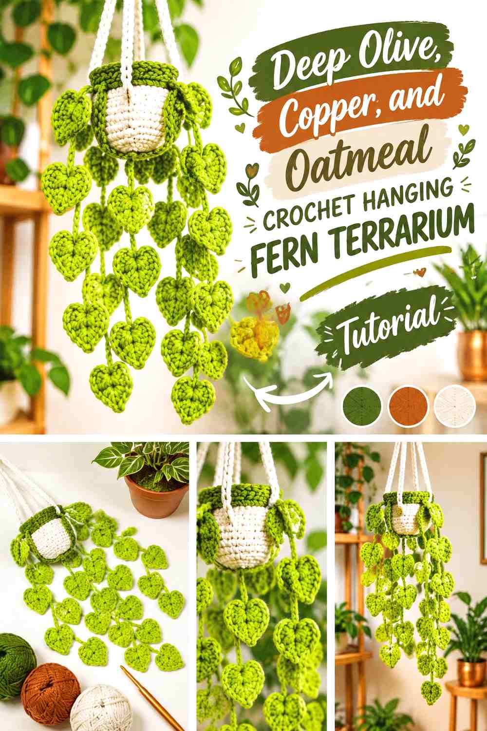 Deep Olive, Copper, and Oatmeal Crochet Hanging Fern Terrarium