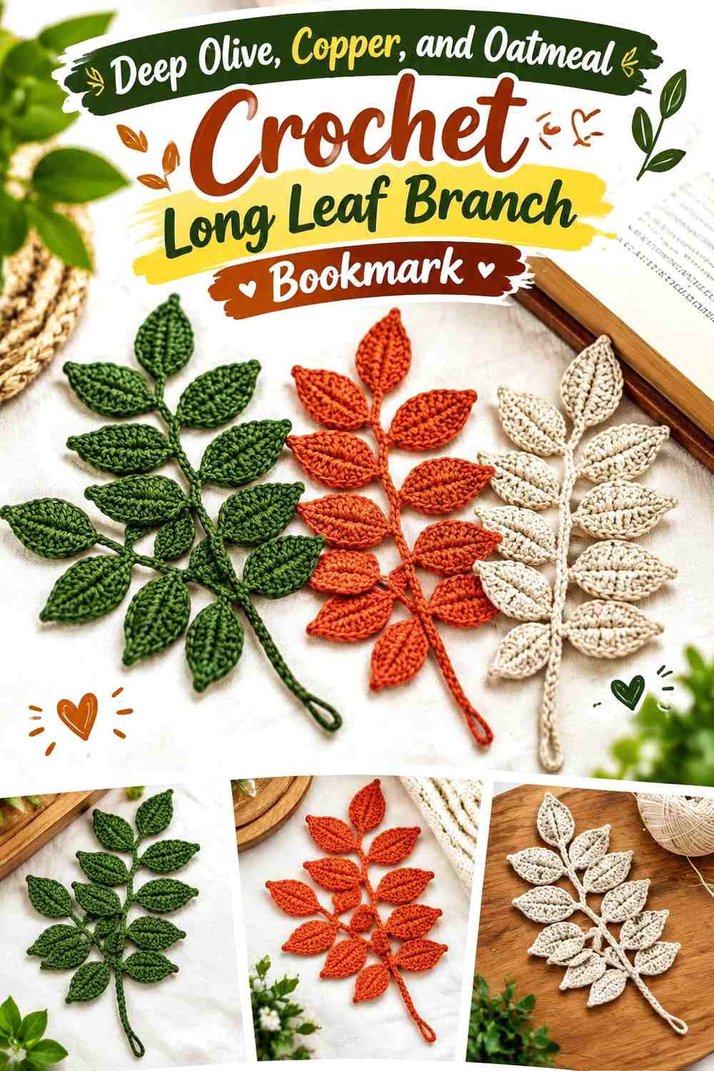 Deep Olive, Copper, and Oatmeal Crochet Long Leaf Branch Bookmark