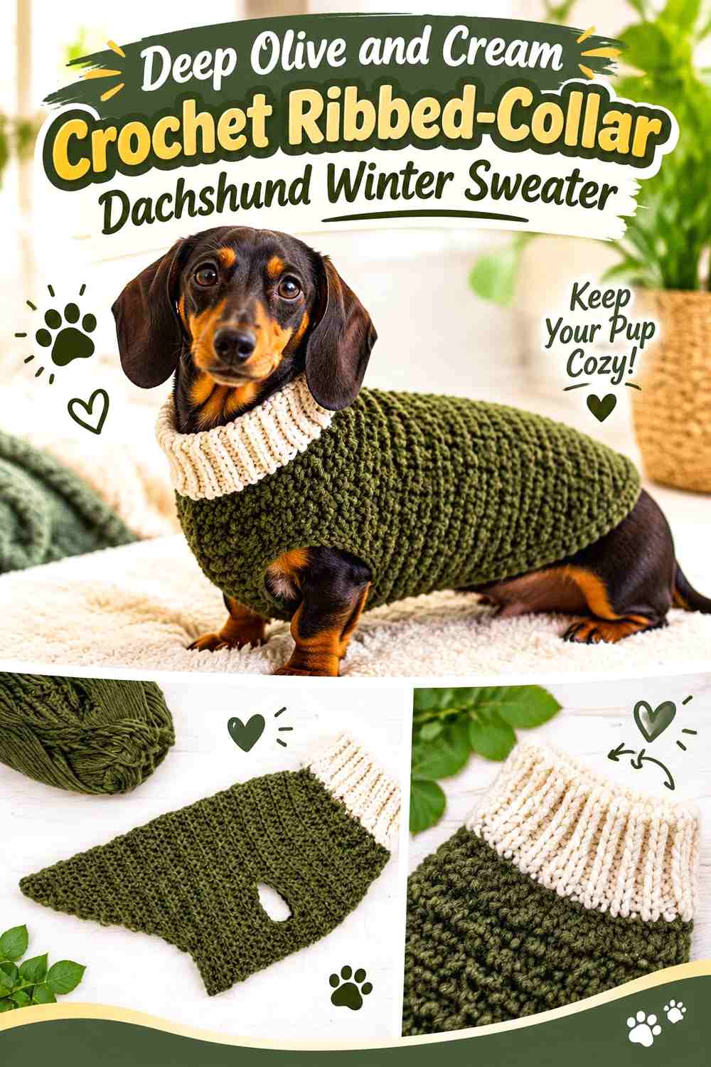 Deep Olive and Cream Crochet Ribbed-Collar Dachshund Winter Sweater