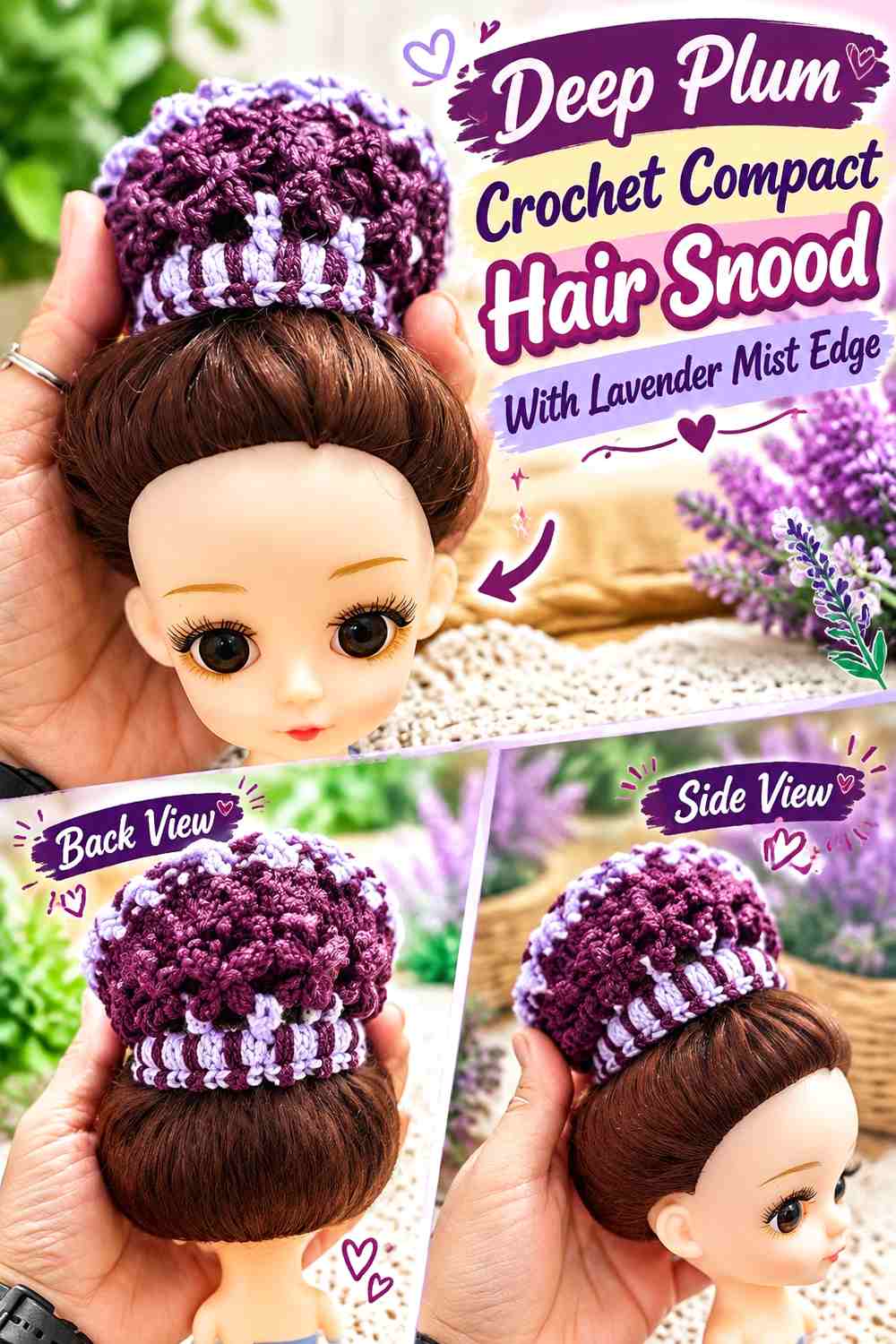 Deep Plum Crochet Compact Hair Snood With Lavender Mist Edge