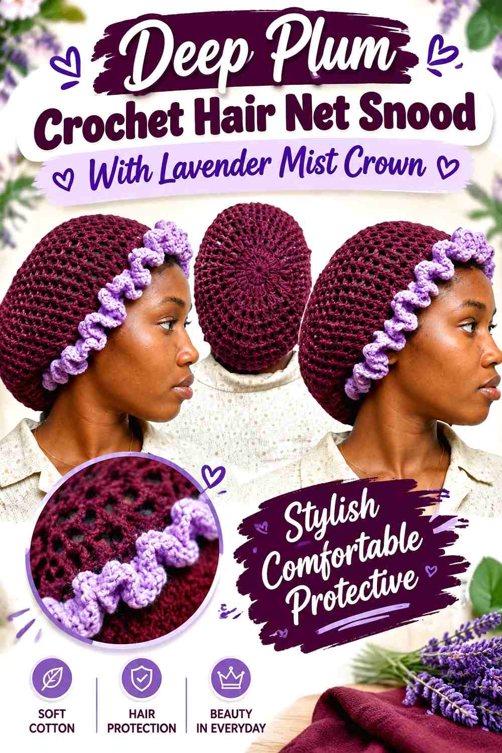 Deep Plum Crochet Hair Net Snood With Lavender Mist Crown