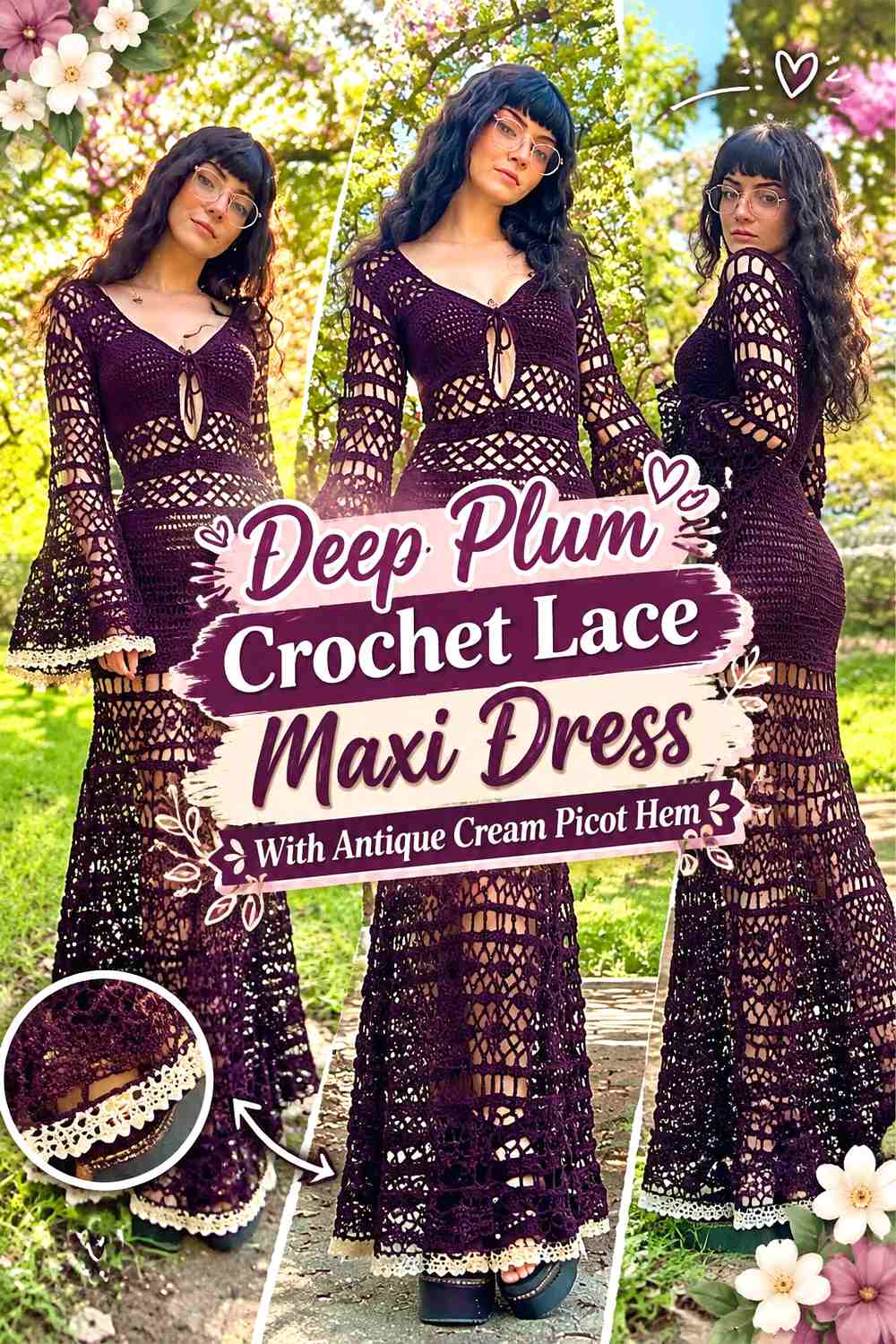 Deep Plum Crochet Lace Maxi Dress With Antique Cream Picot Hem