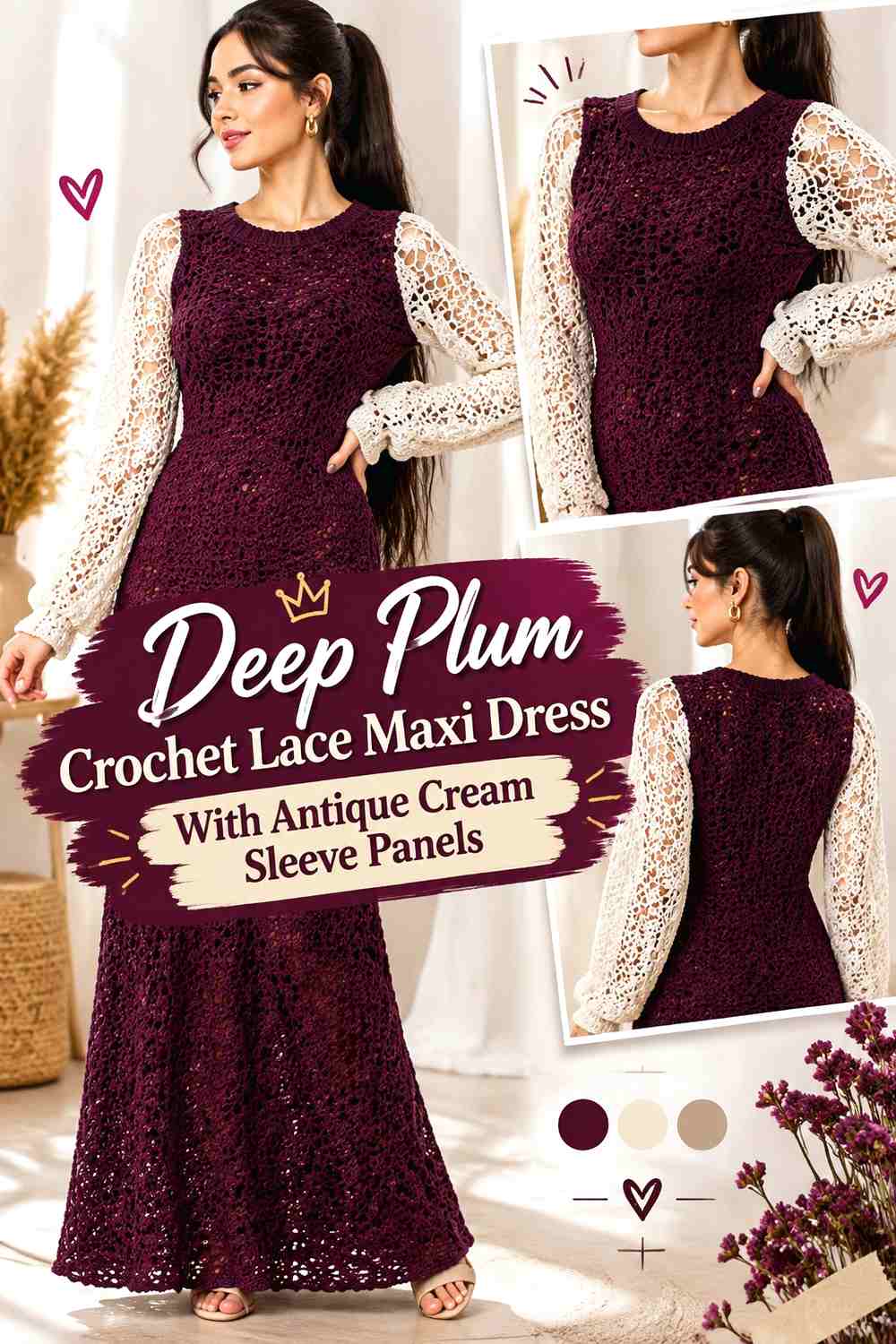 Deep Plum Crochet Lace Maxi Dress With Antique Cream Sleeve Panels