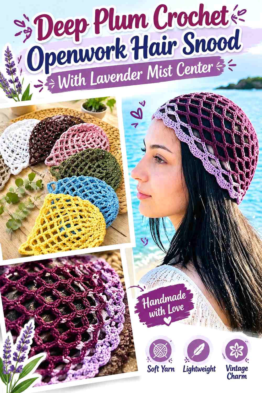 Deep Plum Crochet Openwork Hair Snood With Lavender Mist Center