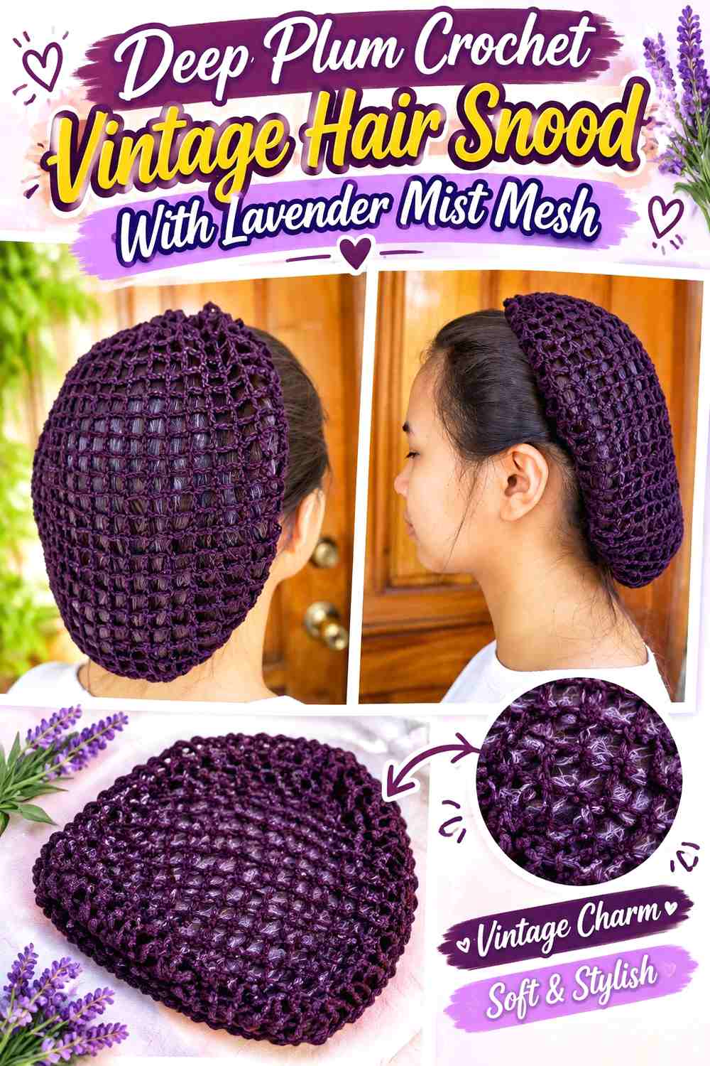 Deep Plum Crochet Vintage Hair Snood With Lavender Mist Mesh