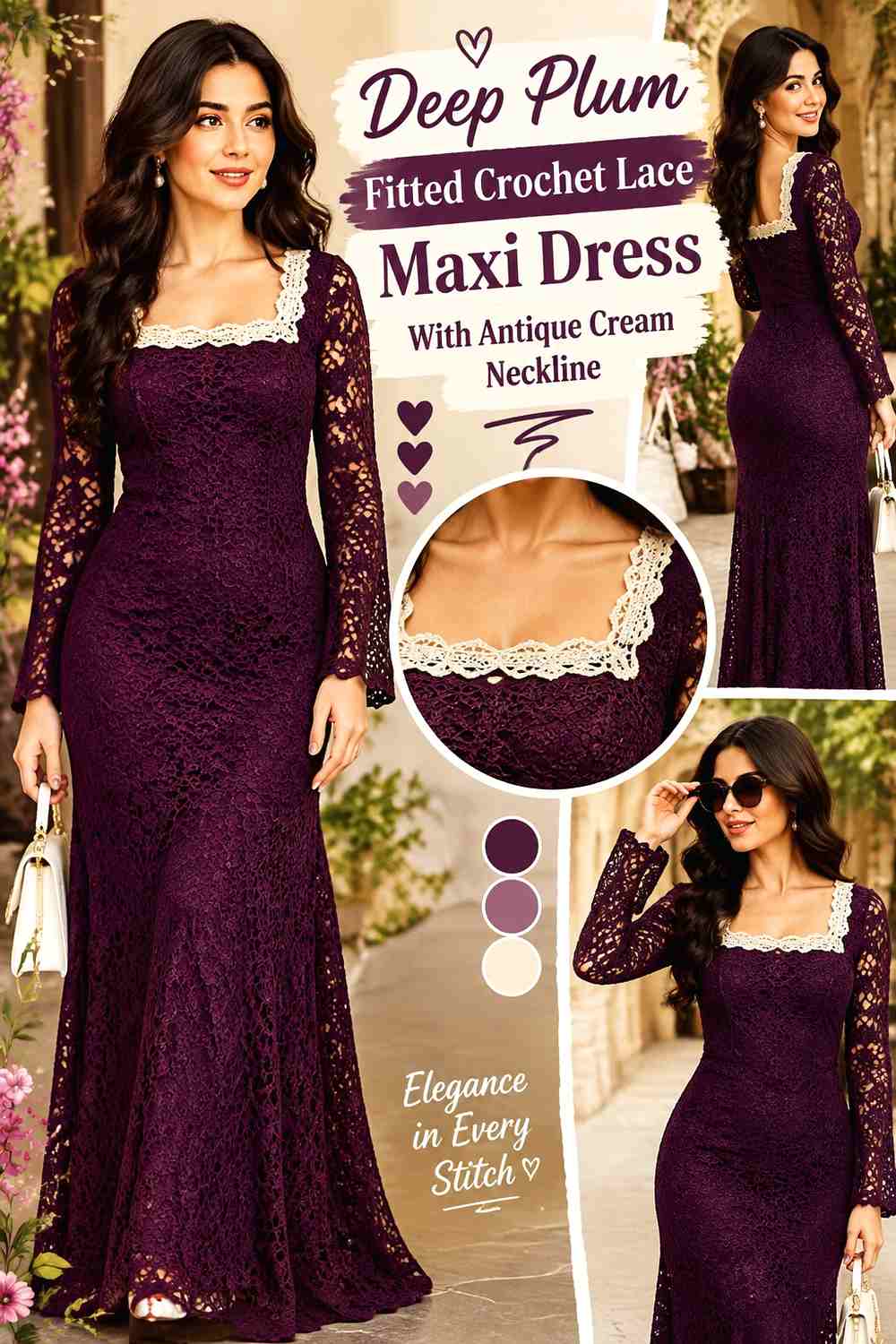 Deep Plum Fitted Crochet Lace Maxi Dress With Antique Cream Neckline